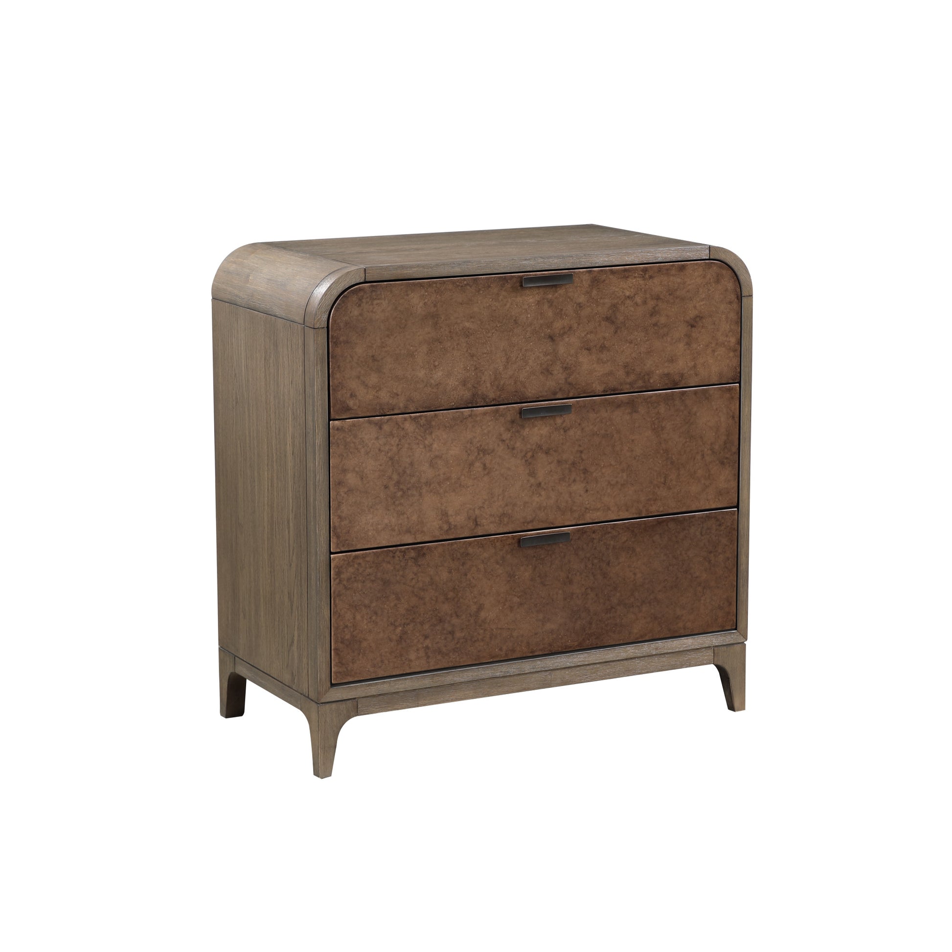 Brown Wooden 3 Drawer Room Dresser with Natural Wood Grains and Black Handles