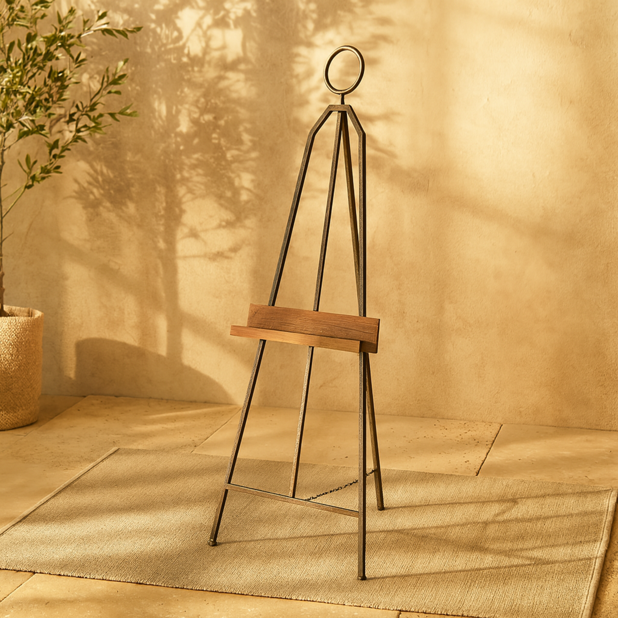 Black Metal Large Adjustable Display Easel with Chain Support and Wood Tray