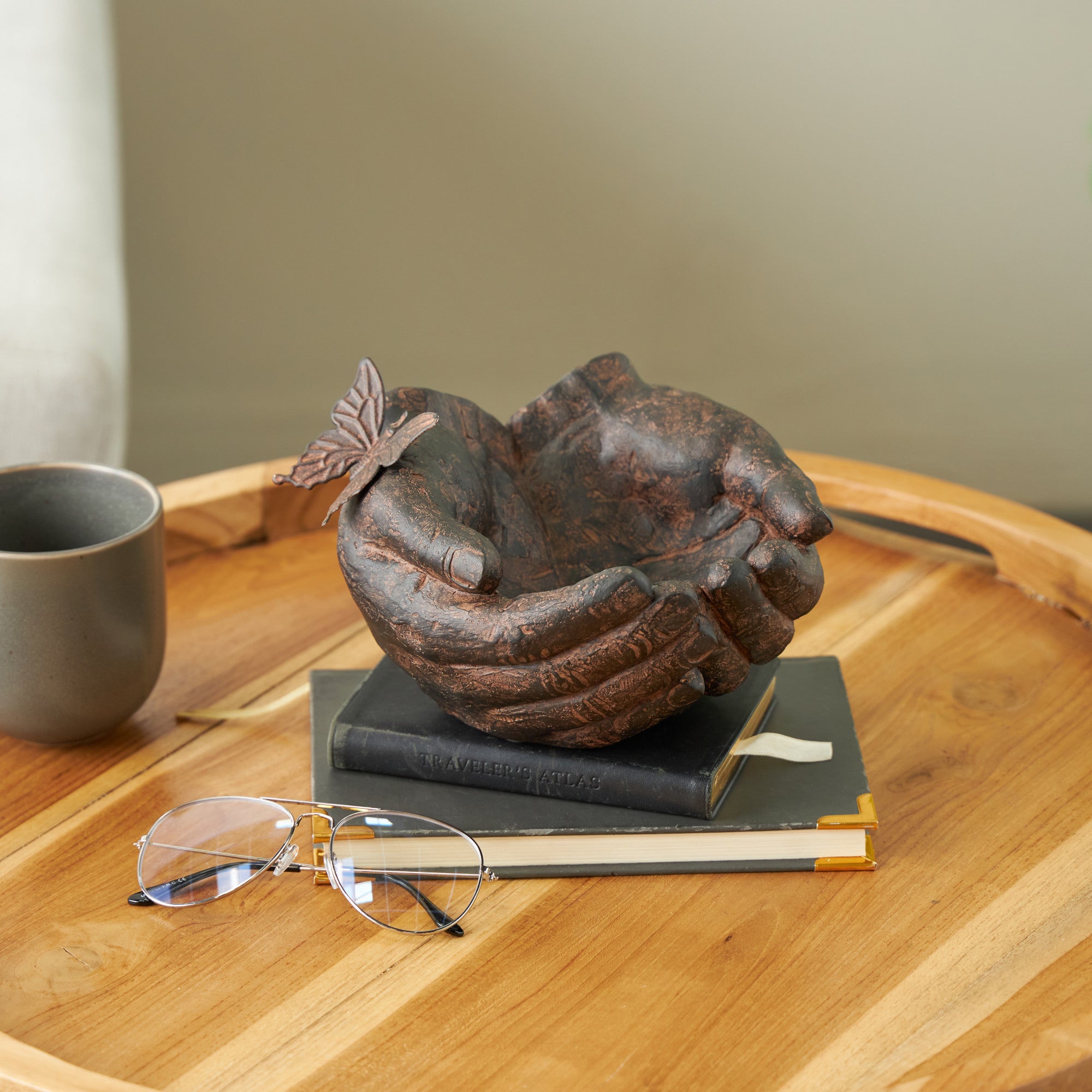 Hands Dark Brown Resin Open Decorative Sculpture with Butterfly and Copper Accents