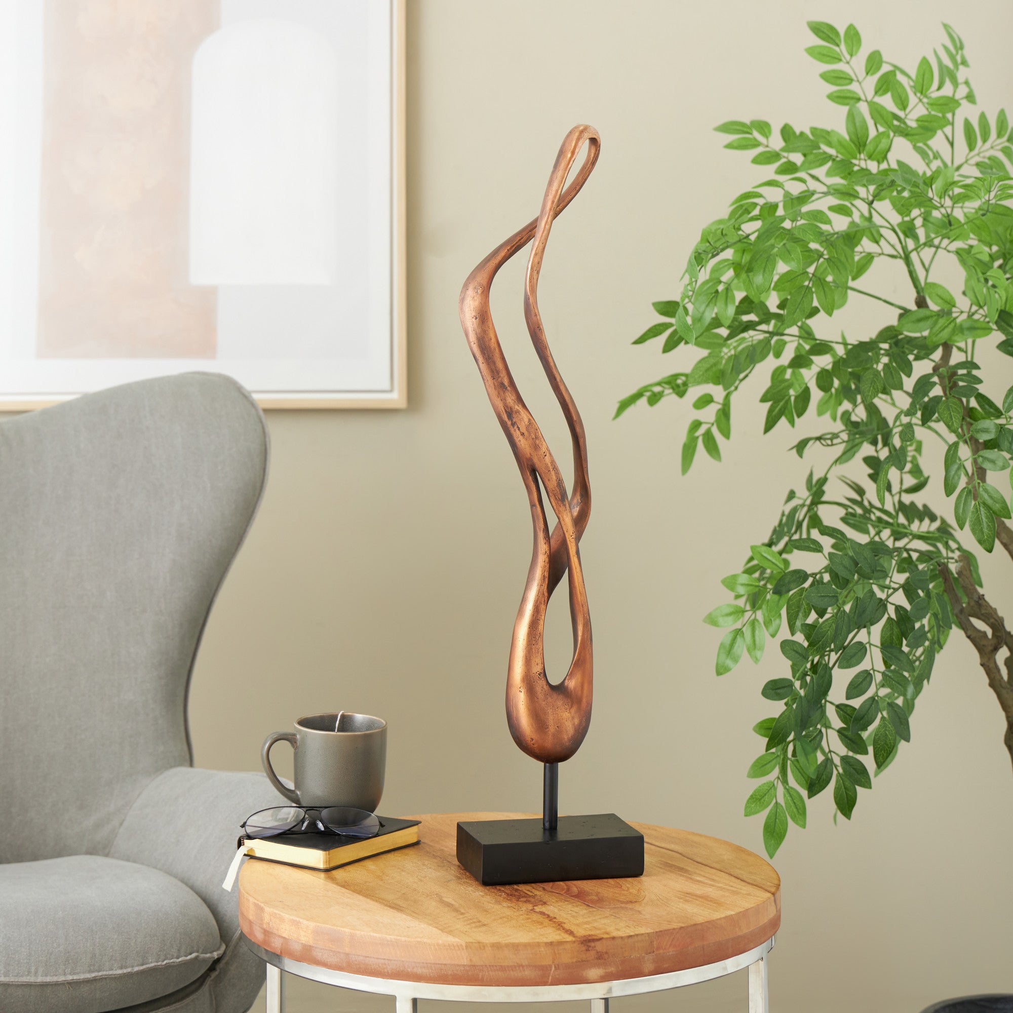Abstract Bronze Polystone Abstract Decorative Sculpture with Rectangle Black Base