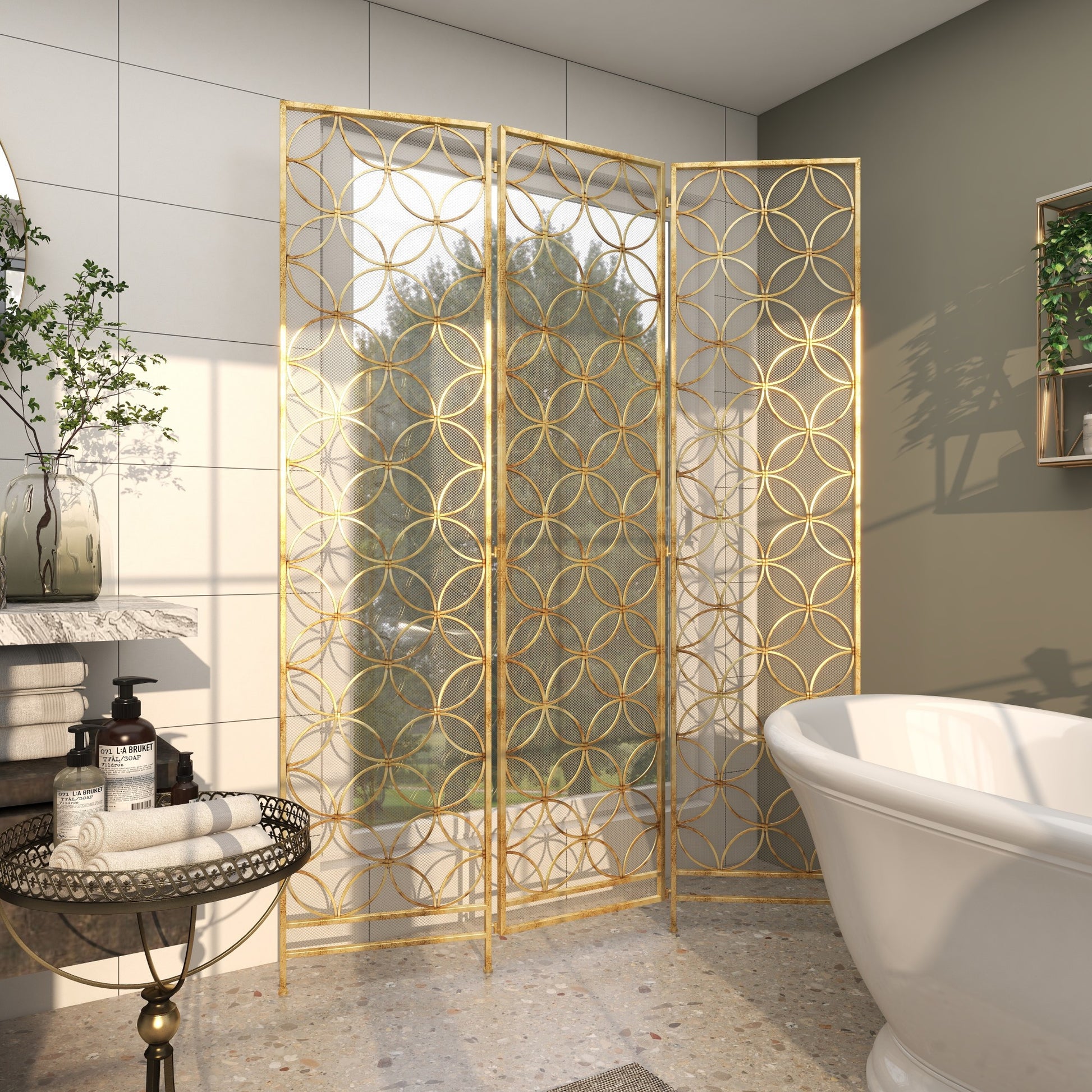 Geometric Brass Metal Hinged Foldable Partition 3 Panel Partition Room Divider Screen