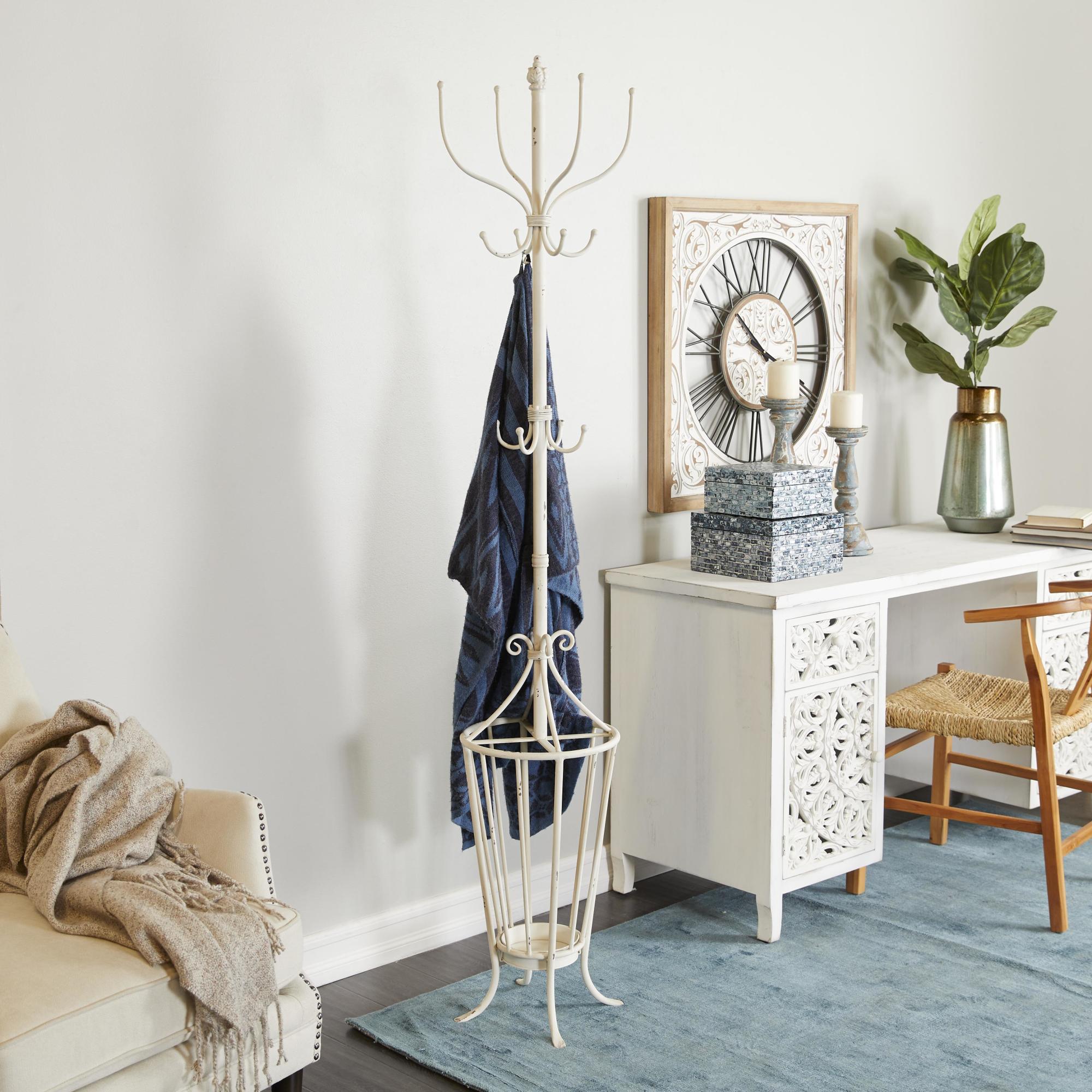 Scroll White Metal Vintage Style 12 Hook Freestanding Coat Rack with Umbrella Storage Base