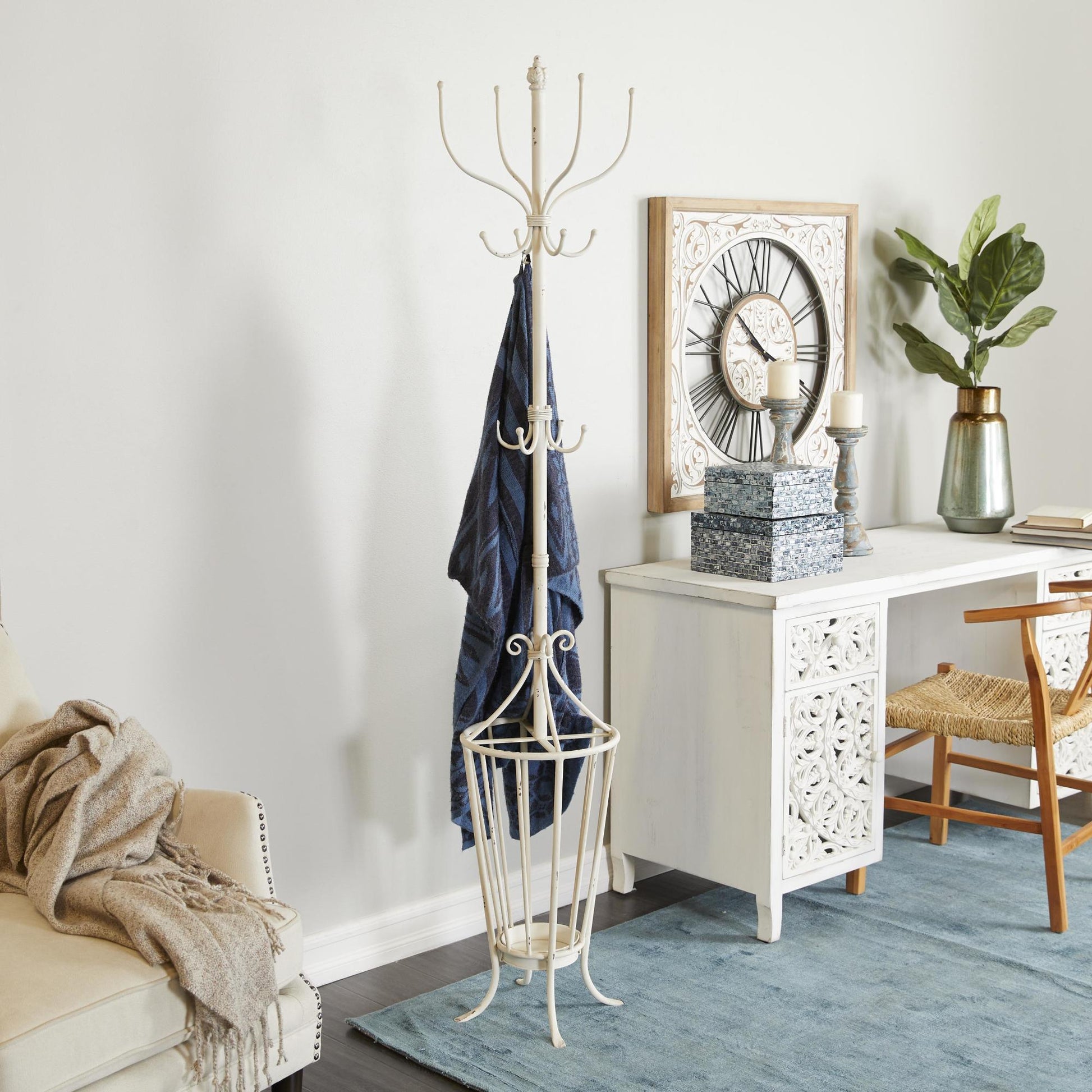 Scroll White Metal Vintage Style 12 Hook Freestanding Coat Rack with Umbrella Storage Base