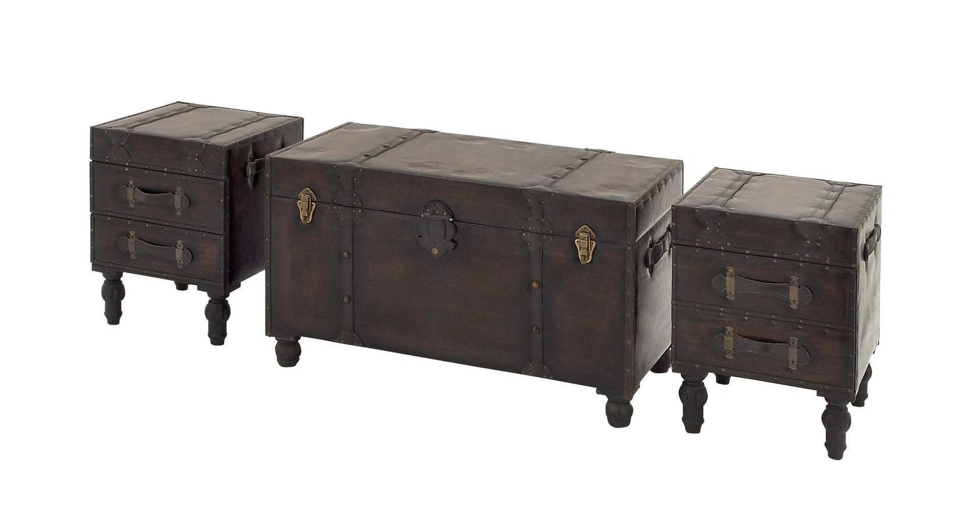 Set of 3 Brown Faux Leather Vintage 4 Drawer Room Storage Bench with Strap Handles and Turned Legs