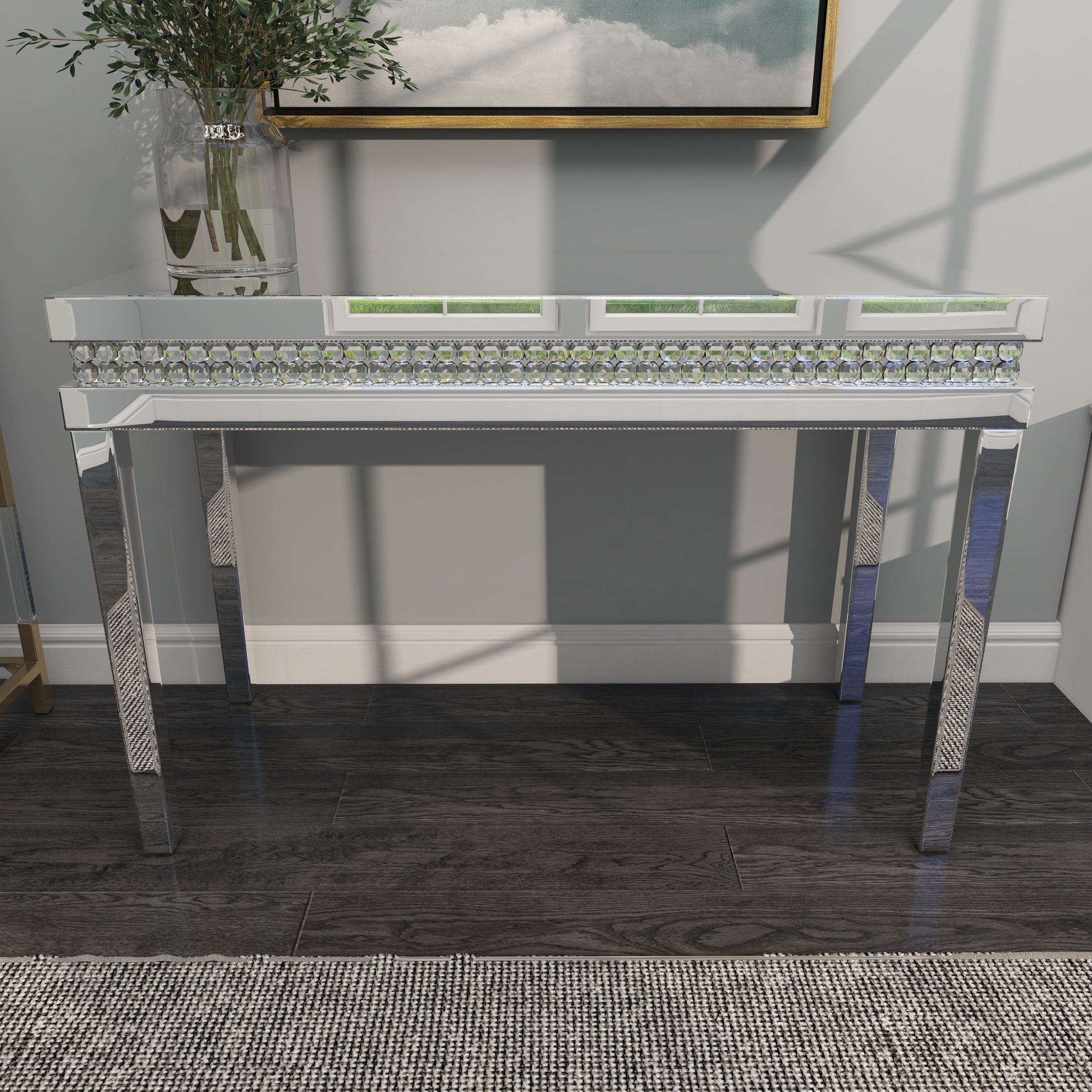 Silver Glass Mirrored Living Room Console Table with Crystal Studded Embellishments
