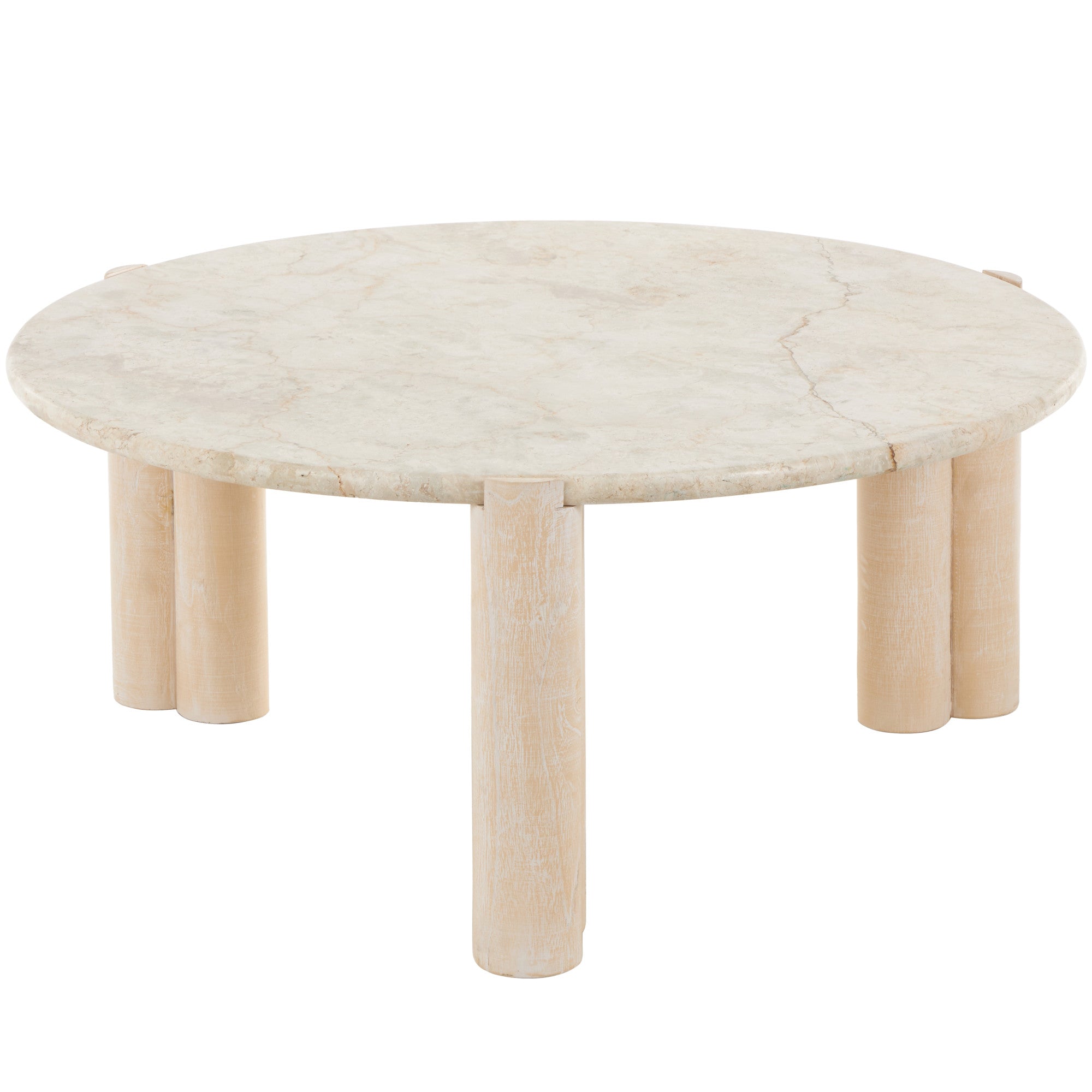 Cream Teak Wood Handmade Living Room Coffee Table with Beige Marble Tabletop