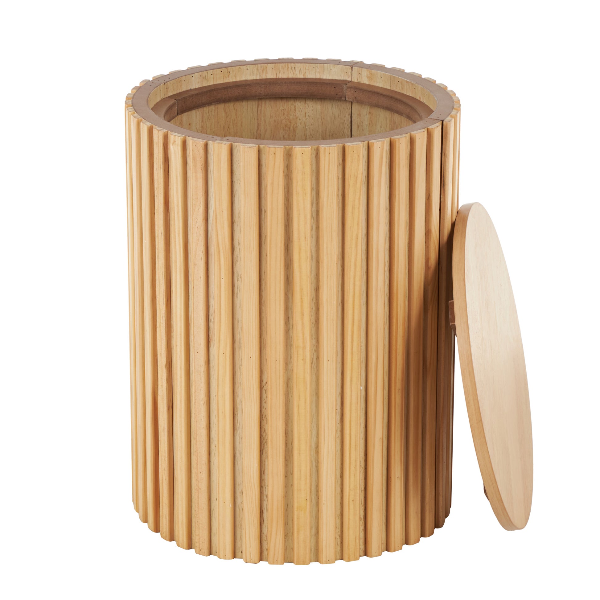 Wood Handmade Ribbed Storage Side End Accent Table with Slatted Base