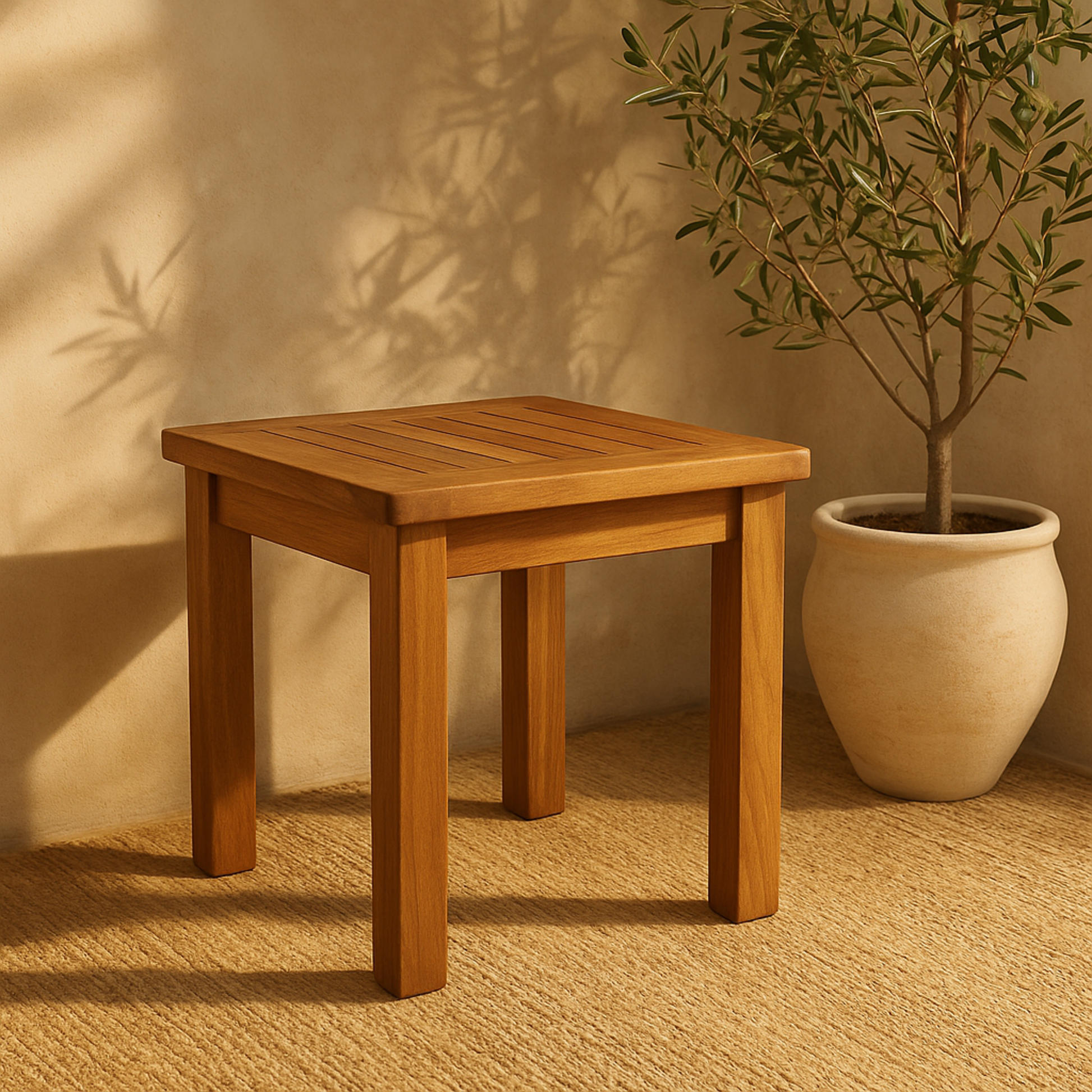 Brown Teak Wood Slatted End Table Outdoor Accent Table