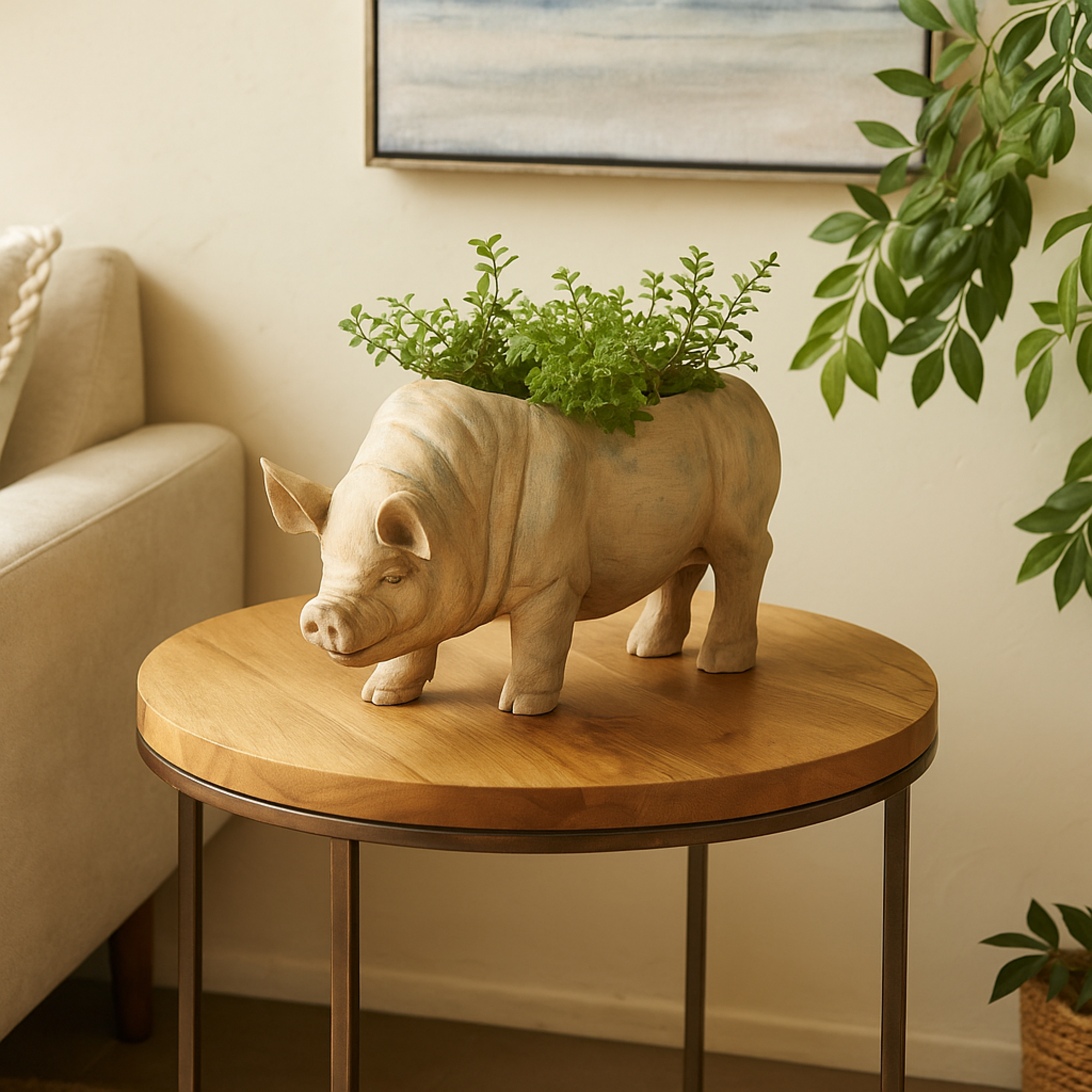 Pig Light Brown Resin Indoor Outdoor Planter with Distressed Details