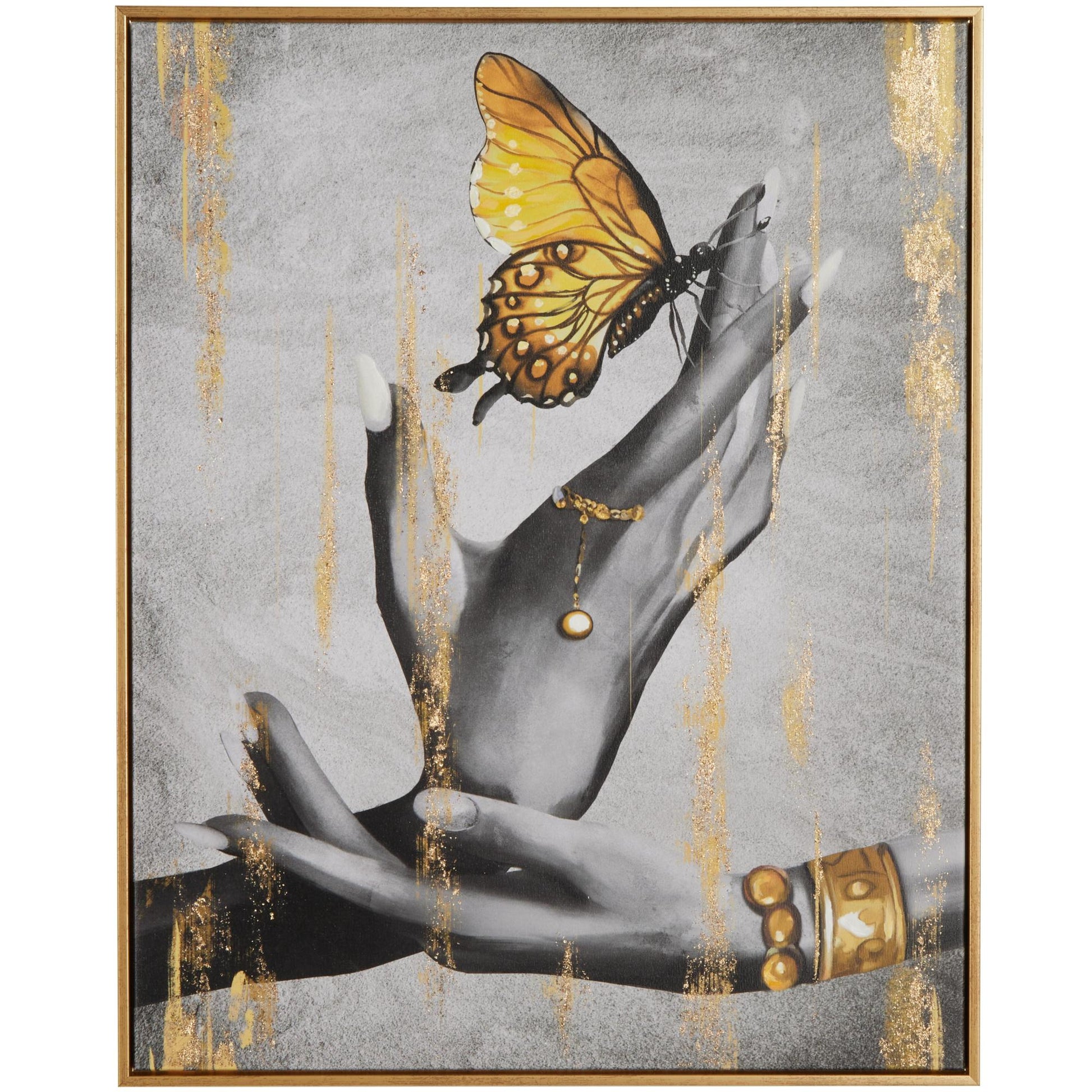 Butterfly Black Canvas Shaded Living Room Framed Wall Art with Jeweled Hands and Gold Foil Accents