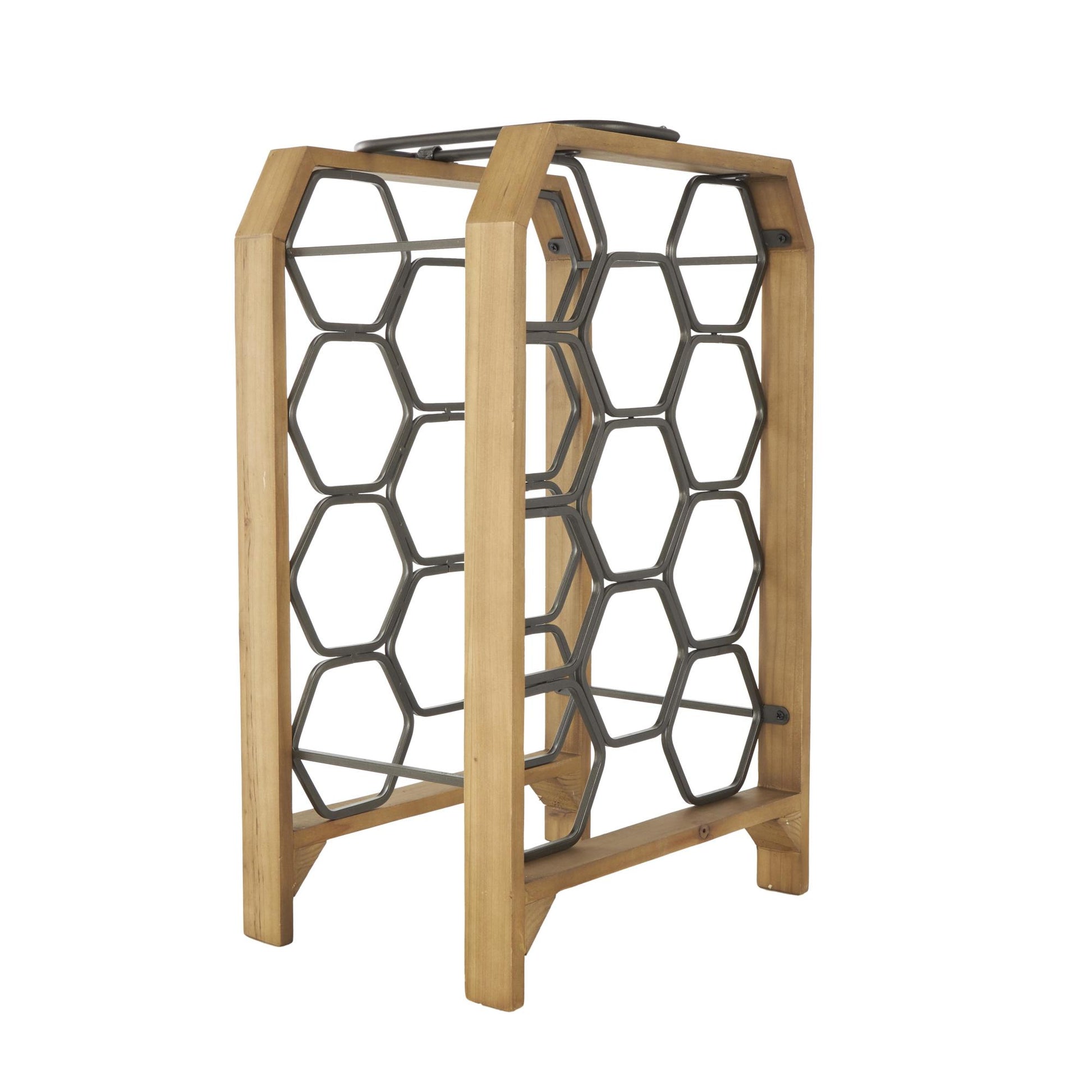 Brown Wood Tall Wine Rack with Gray Metal Curved Teardrop Holders