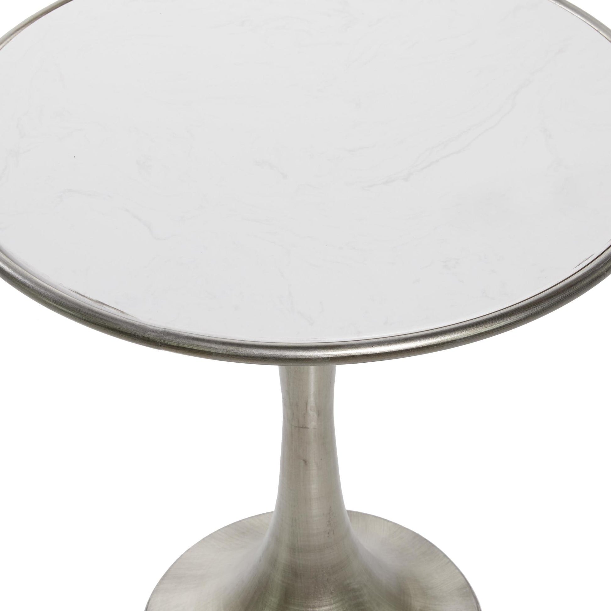 Silver Metal Side End Accent Table with White Marble Top