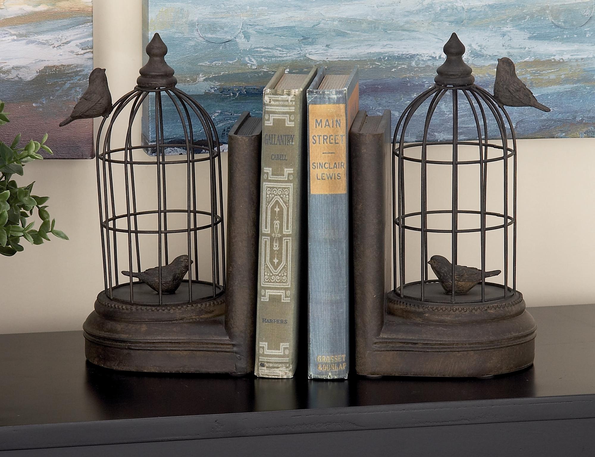Set of 2 Bird Black Metal Decorative Bookends with Cages