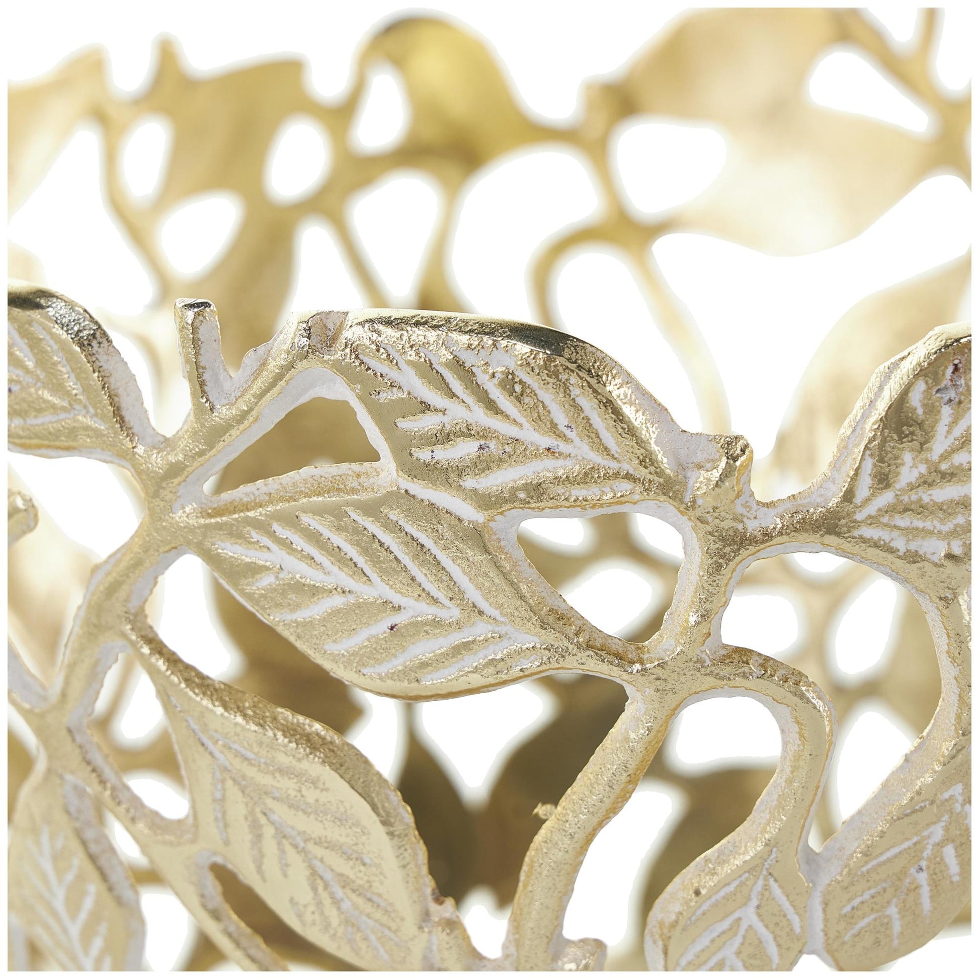 Set of 2 Leaf Gold Aluminum Metal Large Decorative Bowl with White Detailing