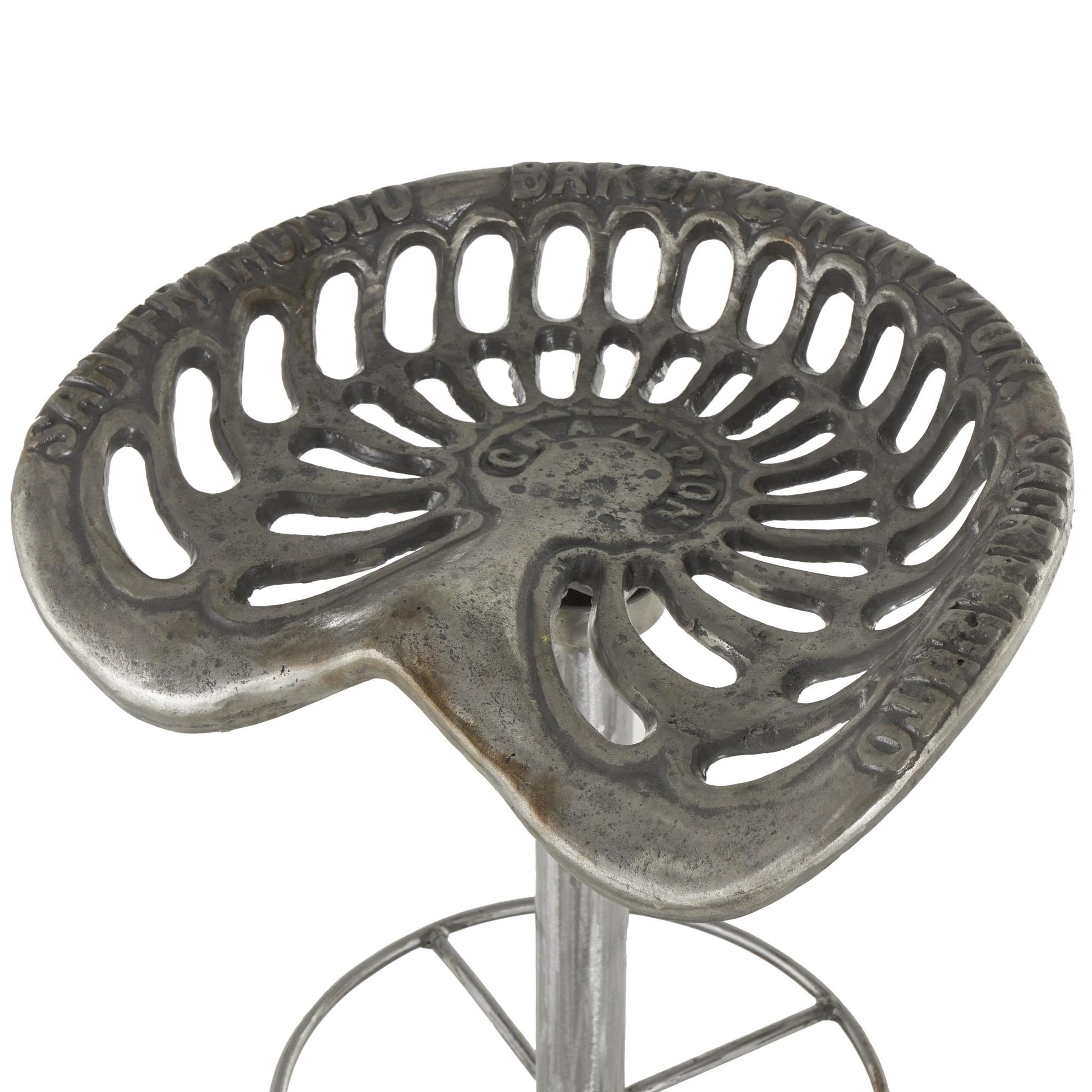 Scroll Gray Metal Weathered Antique Cast Iron Kitchen Bar Stool with Cutout Textured Seat and Footrest