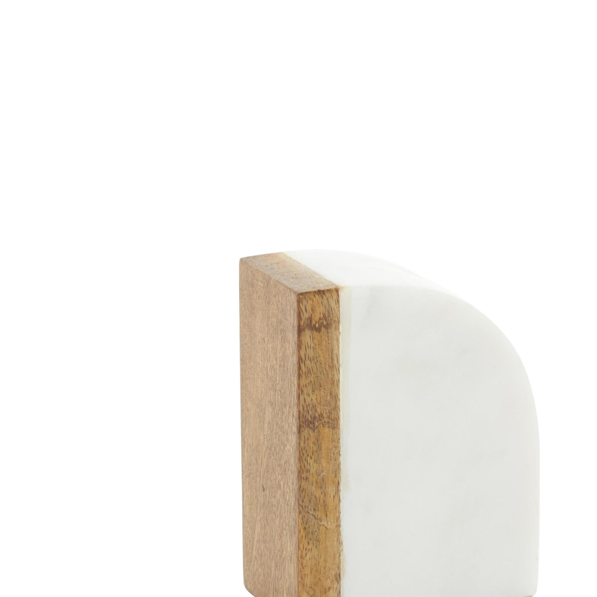 Set of 2 Geometric White Marble Arch Decorative Bookends with Wood Accent