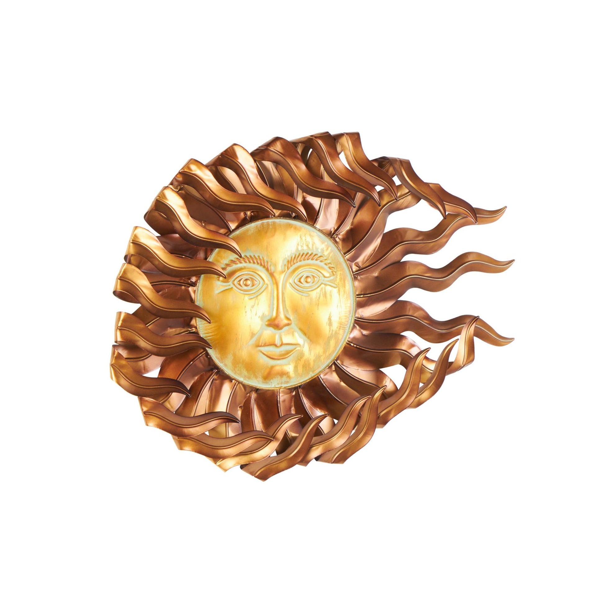 Sun Copper Metal Home Wall Decor with Gold Sun Face and Folded Wavy Rays
