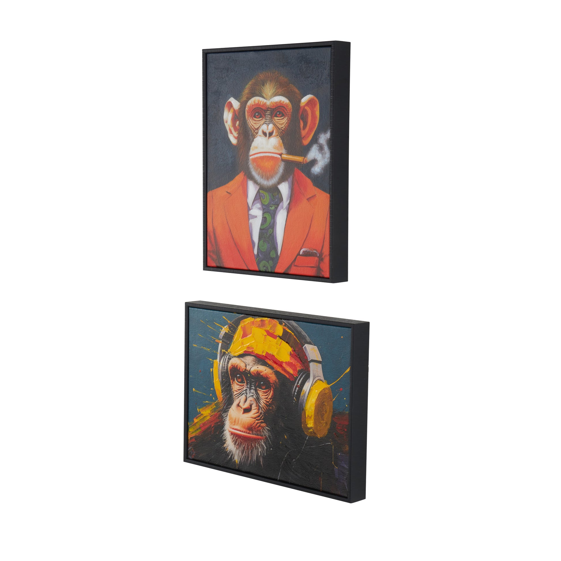 Set of 2 Monkey Multi Colored Canvas Business Living Room Framed Wall Art with Cigar and Headphones