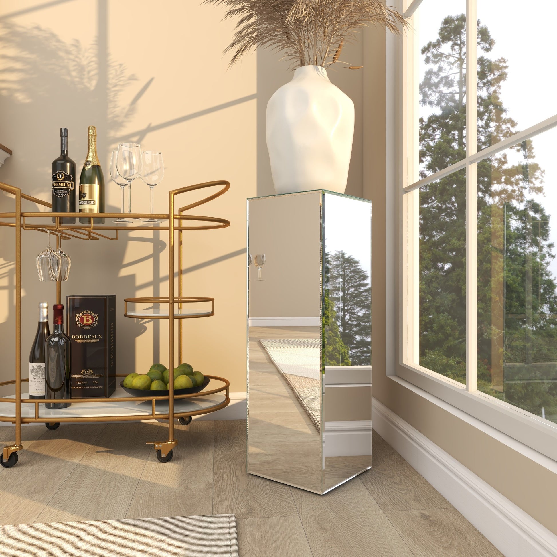 Silver Glass Tall Rectangular Mirrored Side End Pedestal Table