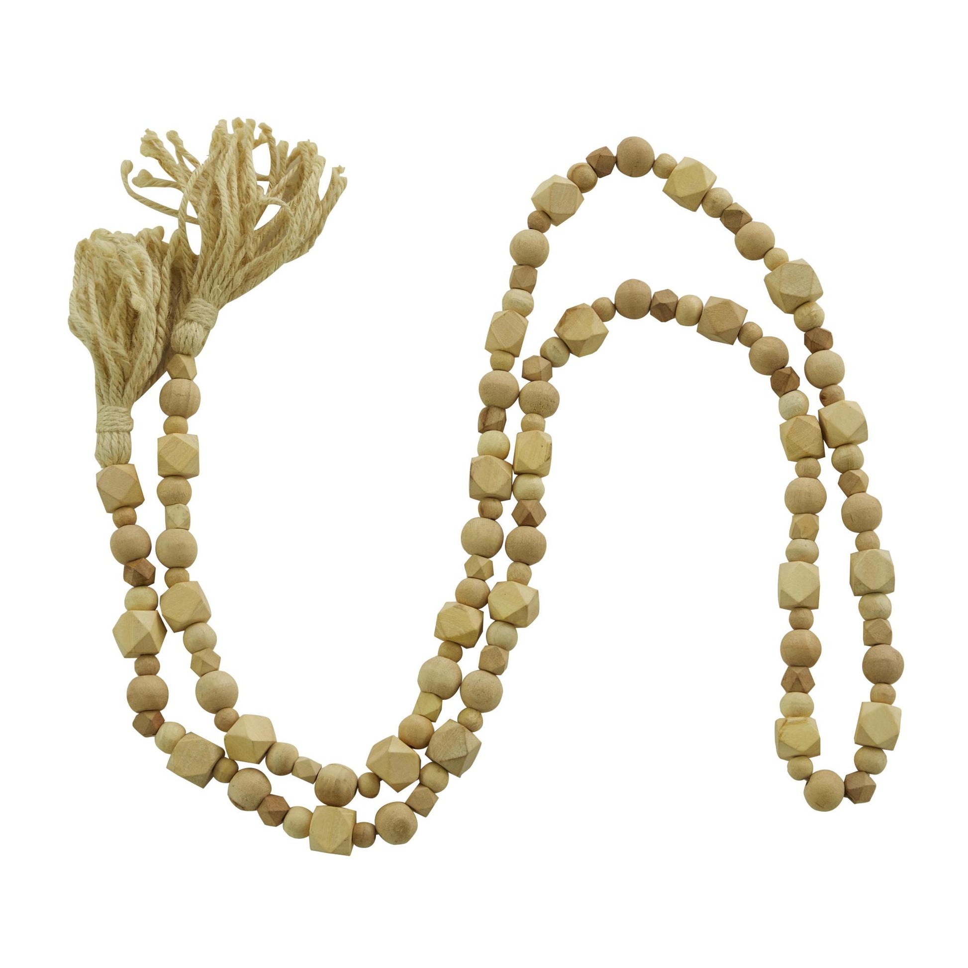 Mango Wood Handmade Hexagon Carved Geometric Long Beaded Garland with Tassel