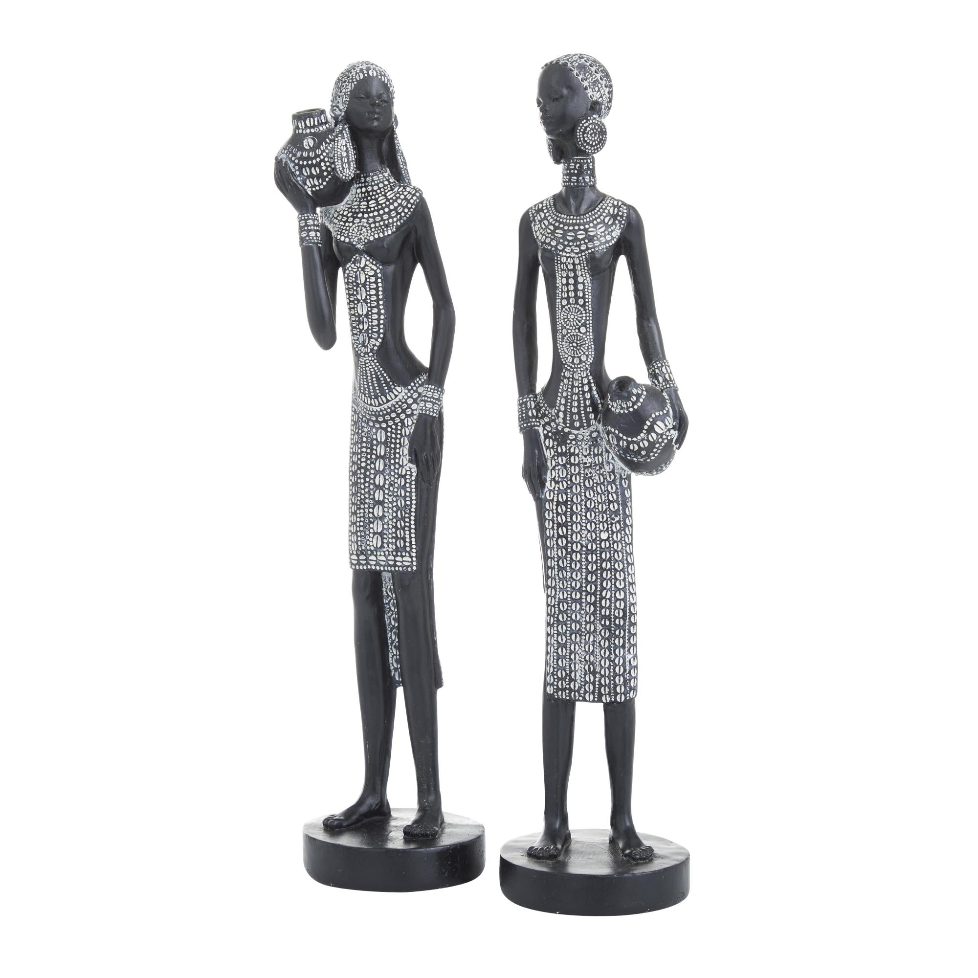 Set of 2 Woman Black Polystone Standing African Decorative Sculpture with Intricate Details