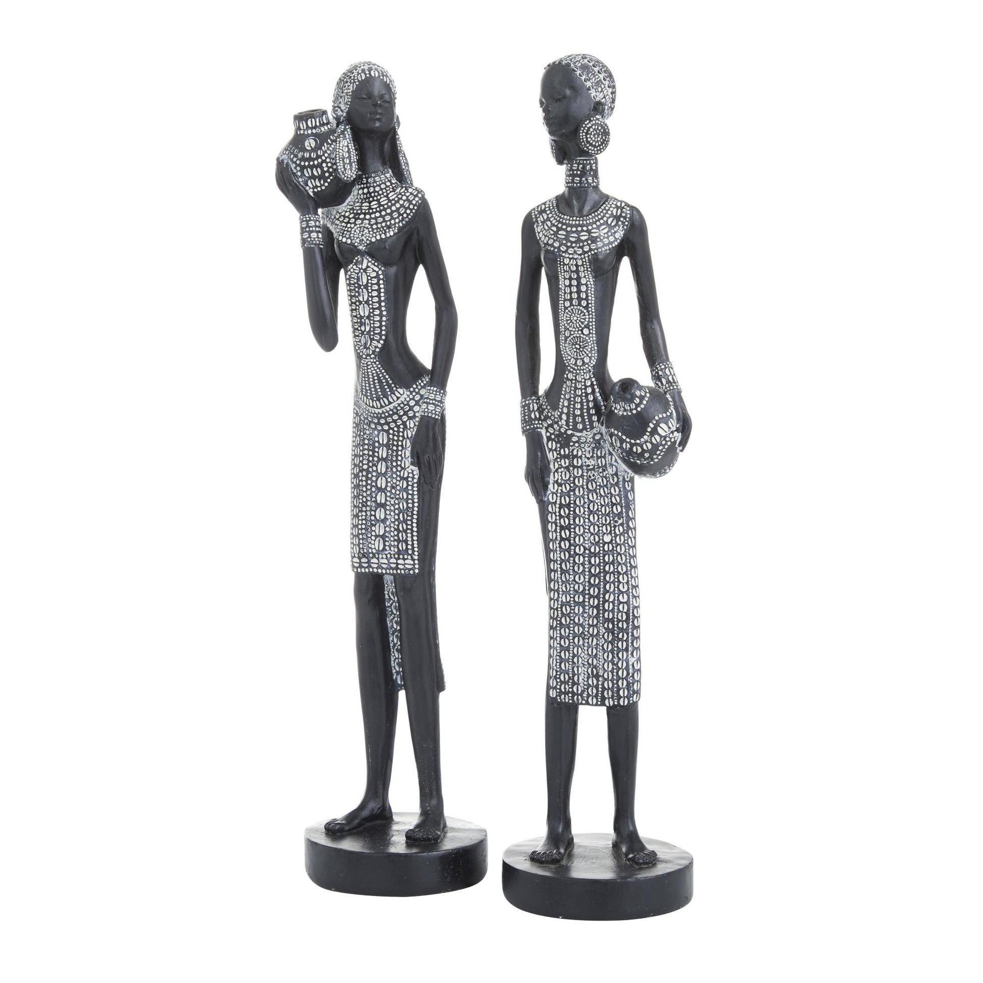 Set of 2 Woman Black Polystone Standing African Decorative Sculpture with Intricate Details