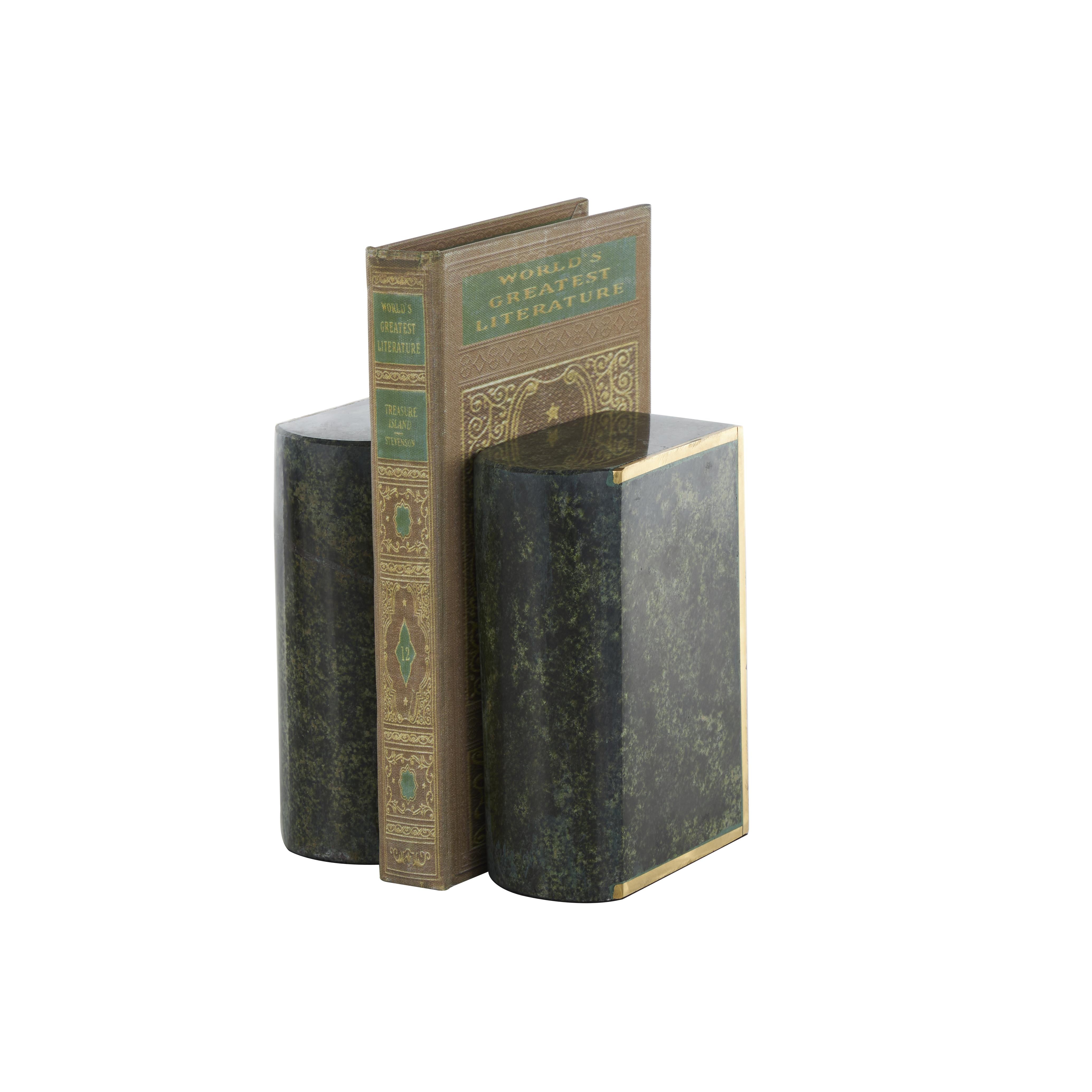 Set of 2 Geometric Marble Curved Rectangular Decorative Bookends with Gold Accents