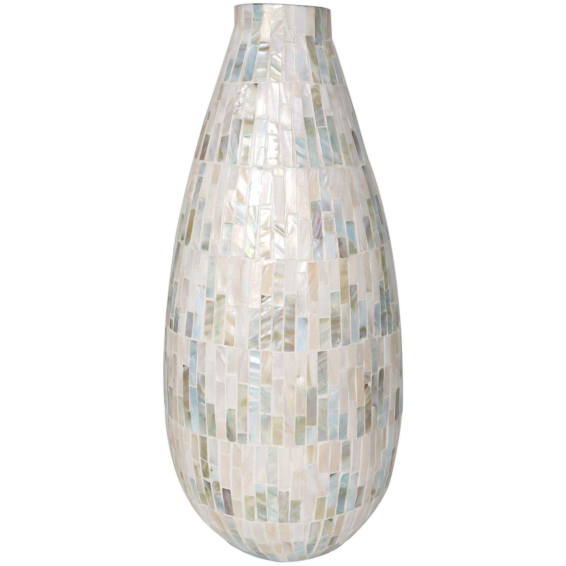 White Mother of Pearl Shell Handmade Mosaic Inspired Decorative Vase with Pastel Blue and Pink Accents