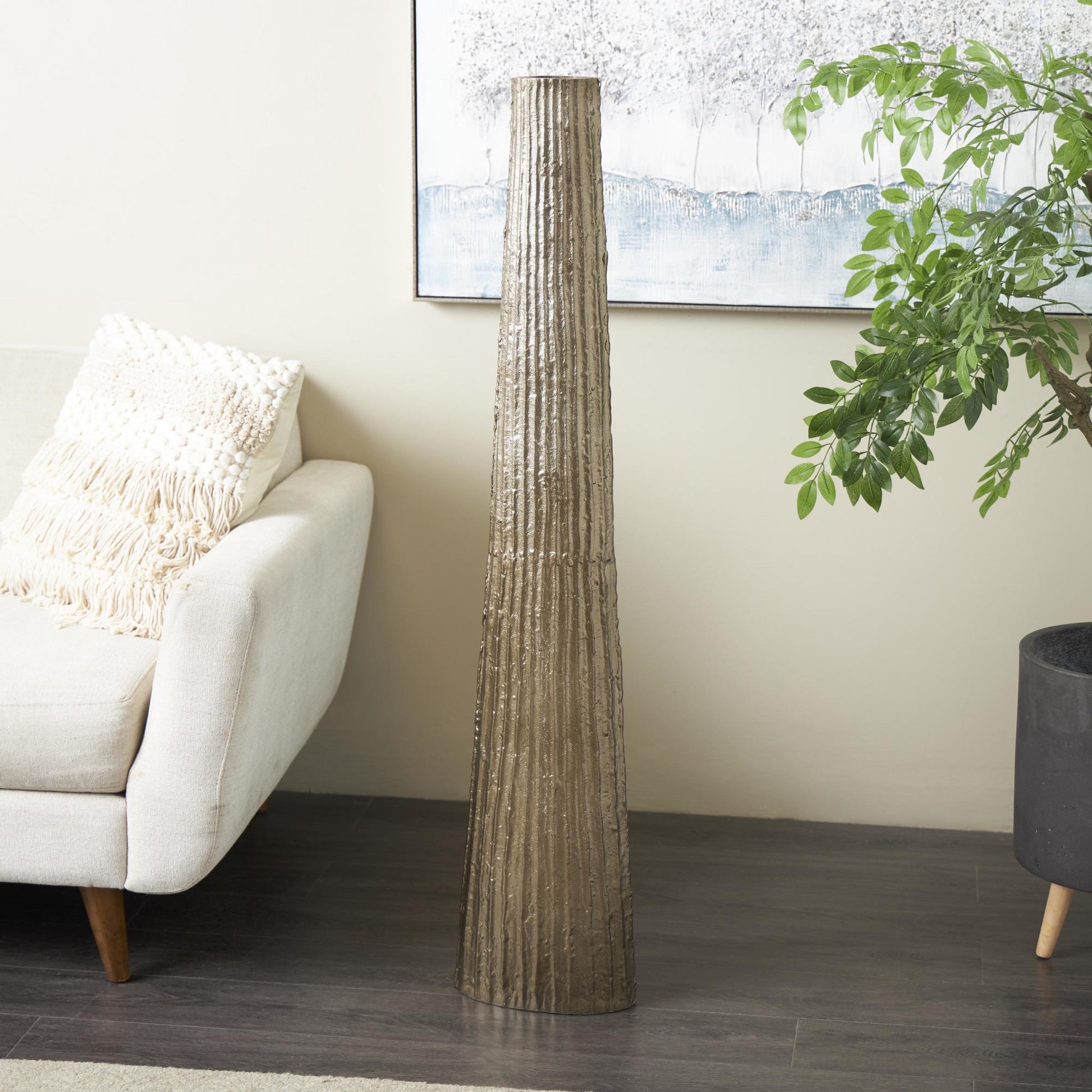 Brass Aluminum Metal Slim Flat Tall Floor Cone Decorative Vase with Textured Ridges