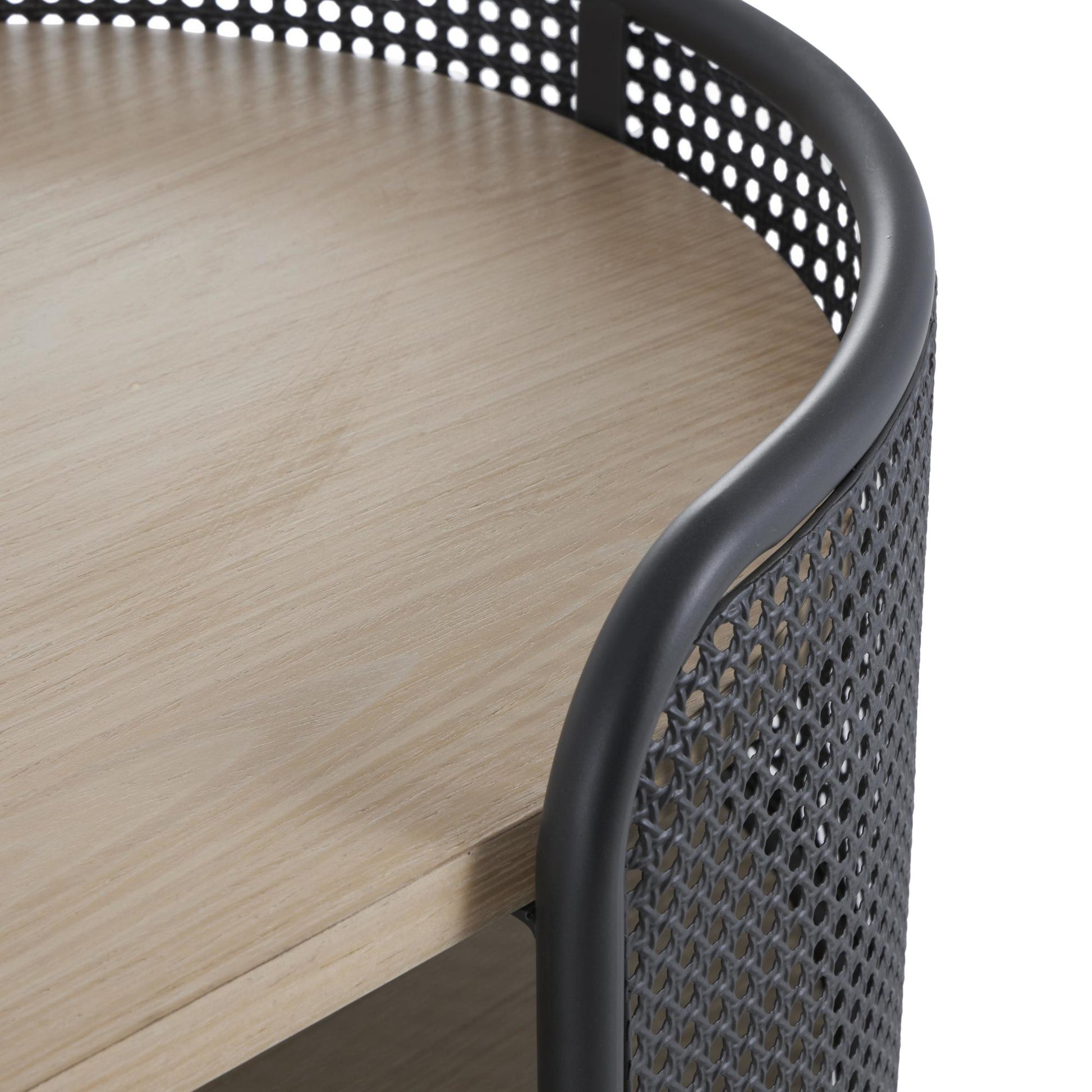 Light Brown Wooden Oval Two-Toned Living Room Coffee Table with Mesh Side Panels and Brown Wood Tabletop
