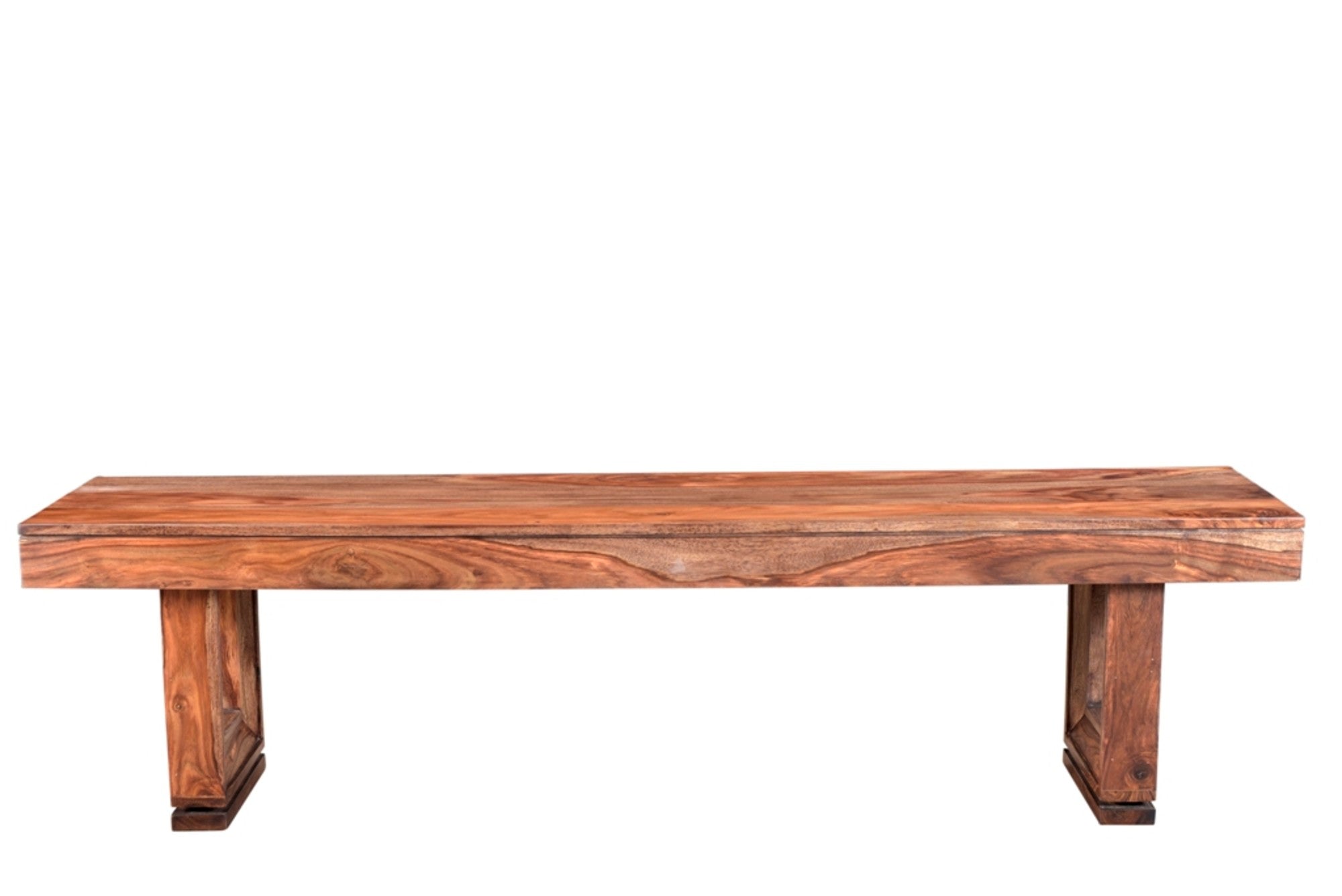 Brown Sheesham Wood Home Bench with Natural Wood Grains and Cutout Picture Frame Legs