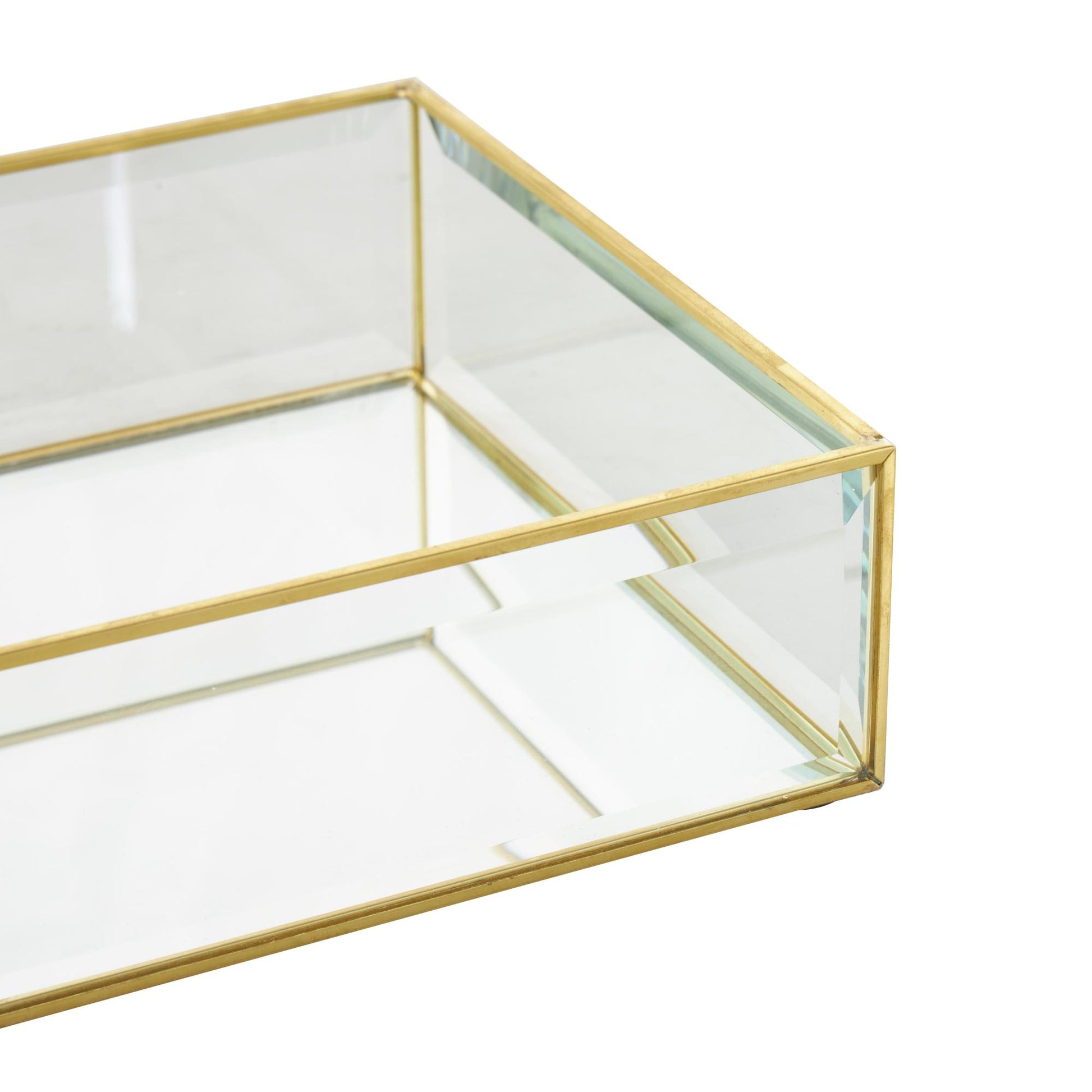 Set of 2 Clear Glass Beveled Decorative Jewelry Box with Gold Metal Frame
