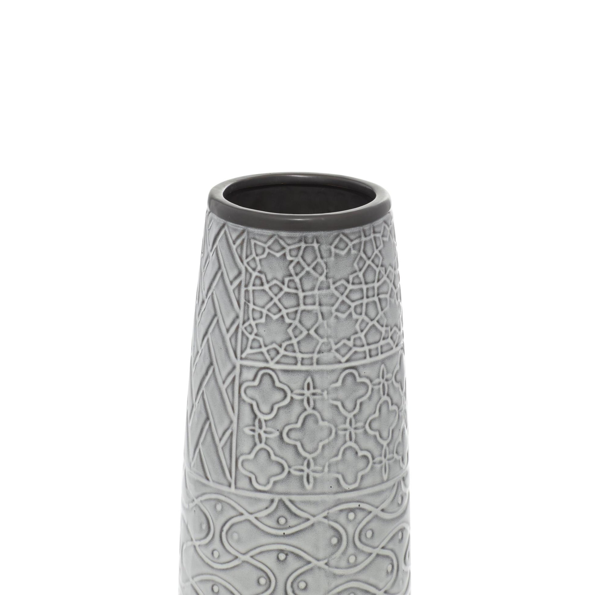 Gray Ceramic Slim Engraved Patterned Decorative Vase with Varying Patterns