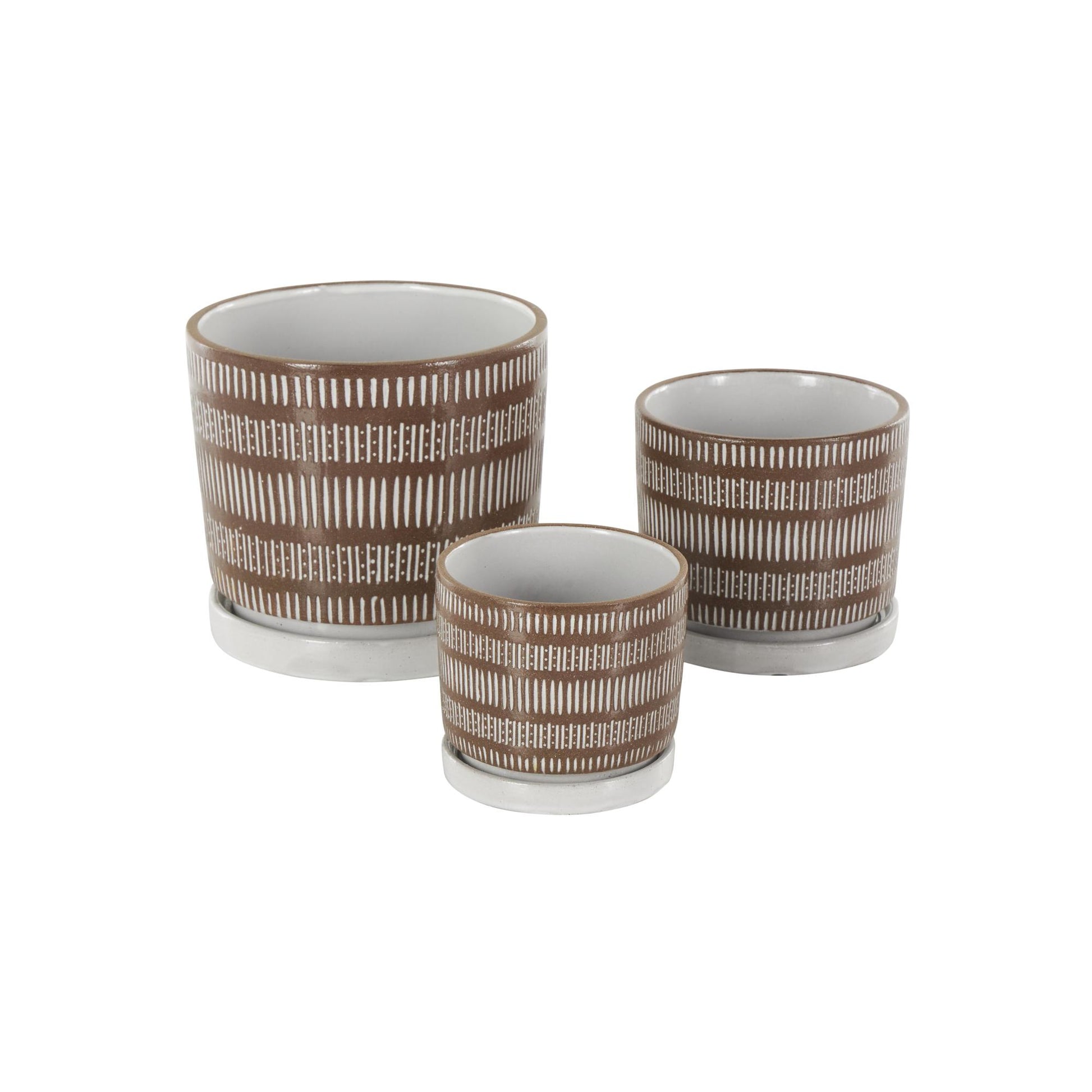 Set of 3 Brown Ceramic Polka Dot and Linear Patterned Indoor Outdoor Planter with White Accents and Base Tray