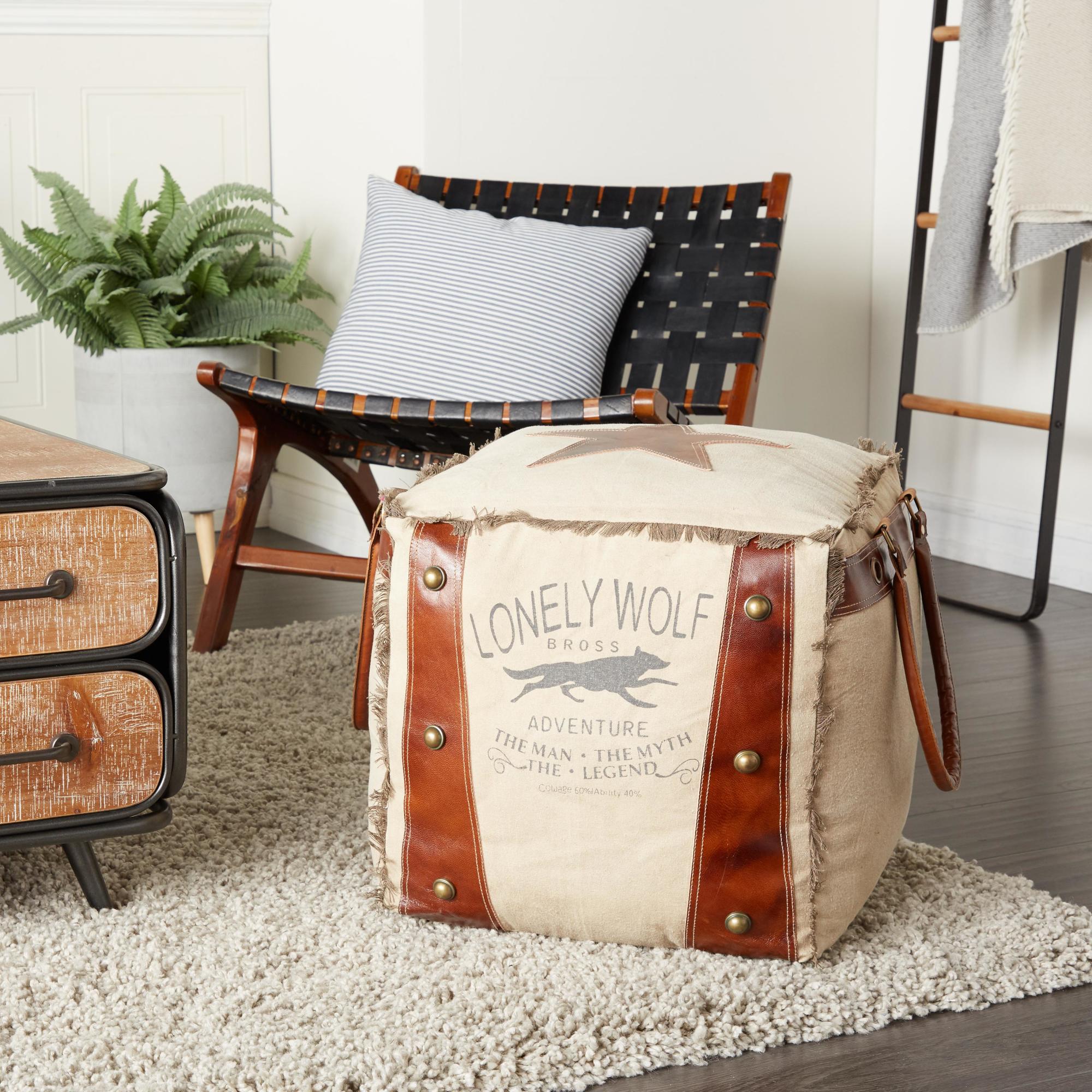 Star Canvas Stuffed Pouf with Leather Accents