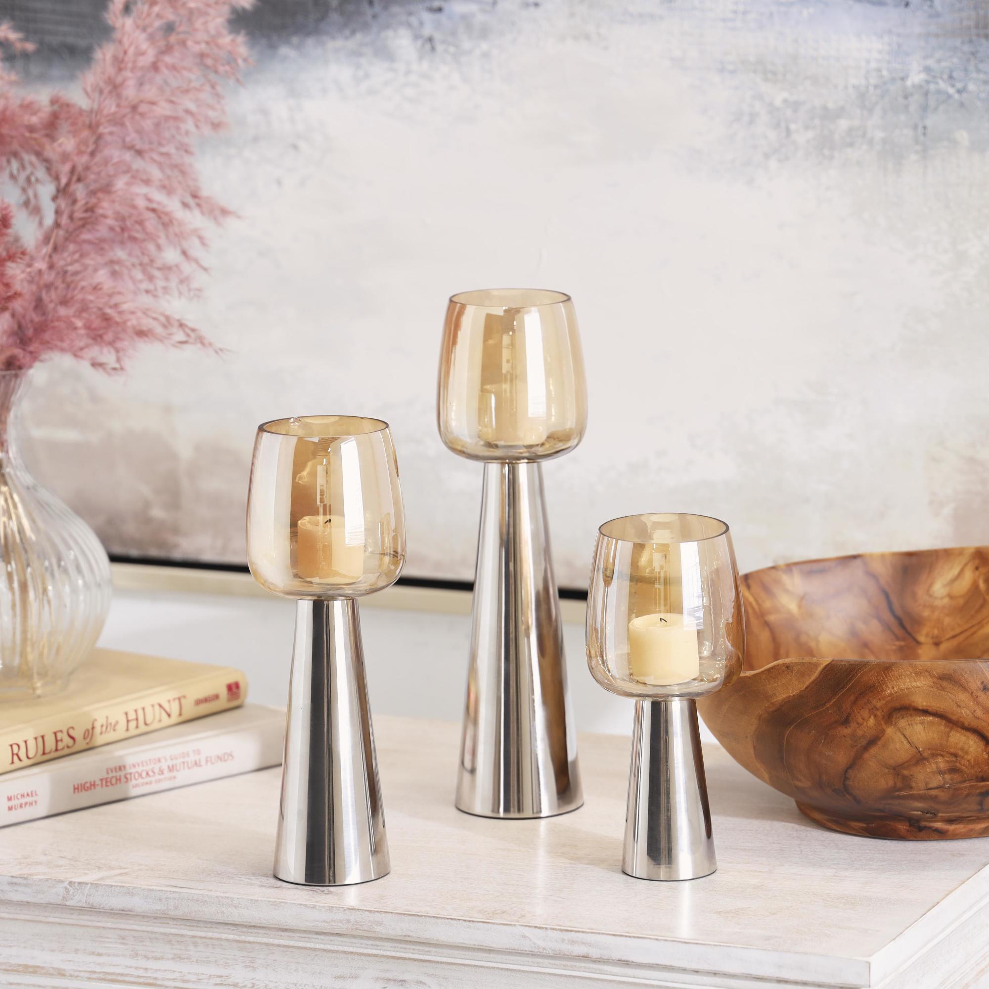 Set of 3 Stainless Steel Metal Decorative Candle Holder with Gold Cup Candle Holders