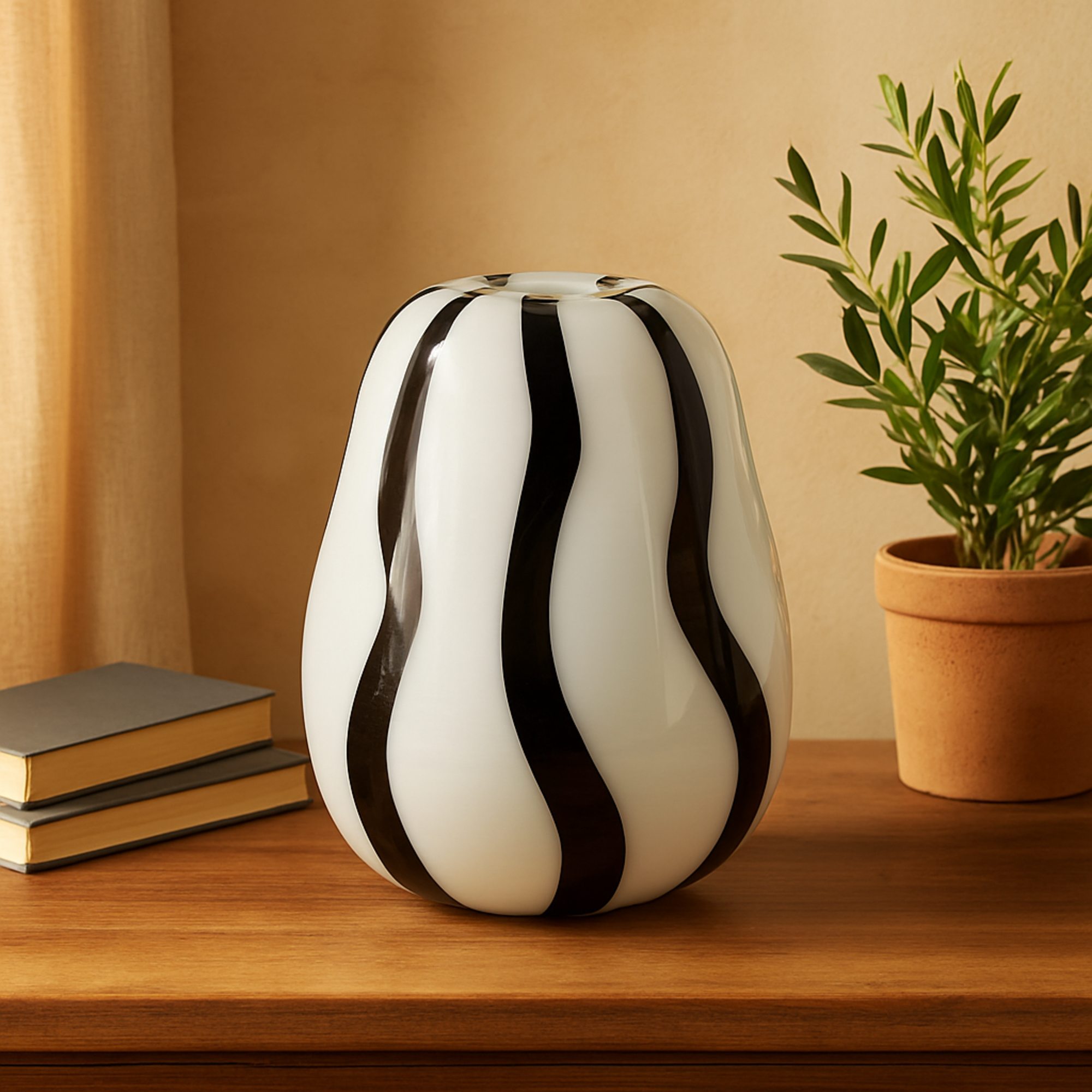White Glass Concaved Round Decorative Vase with Black Stripes