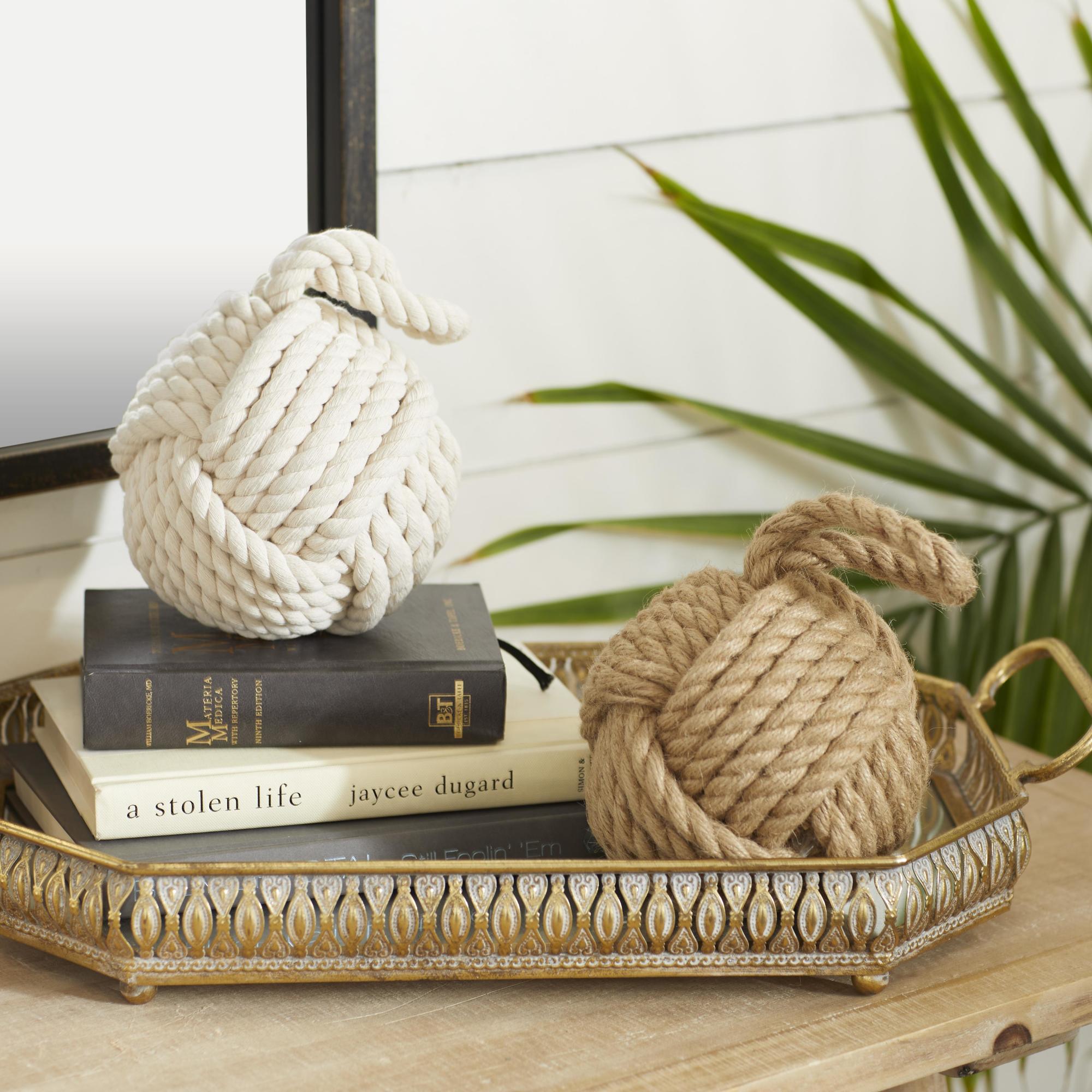 Set of 2 Knot Brown Jute Rope Cream Woven Decorative Sculpture with Hanging Loop
