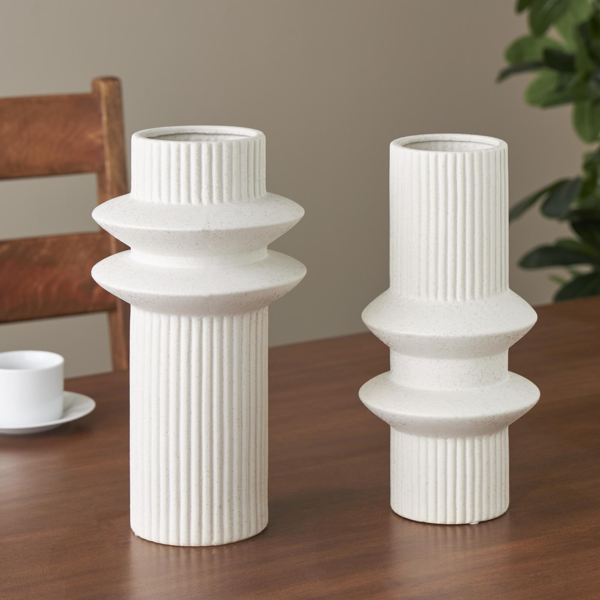 Set of 2 Abstract White Ceramic Ribbed Decorative Vase with Speckled Texturing
