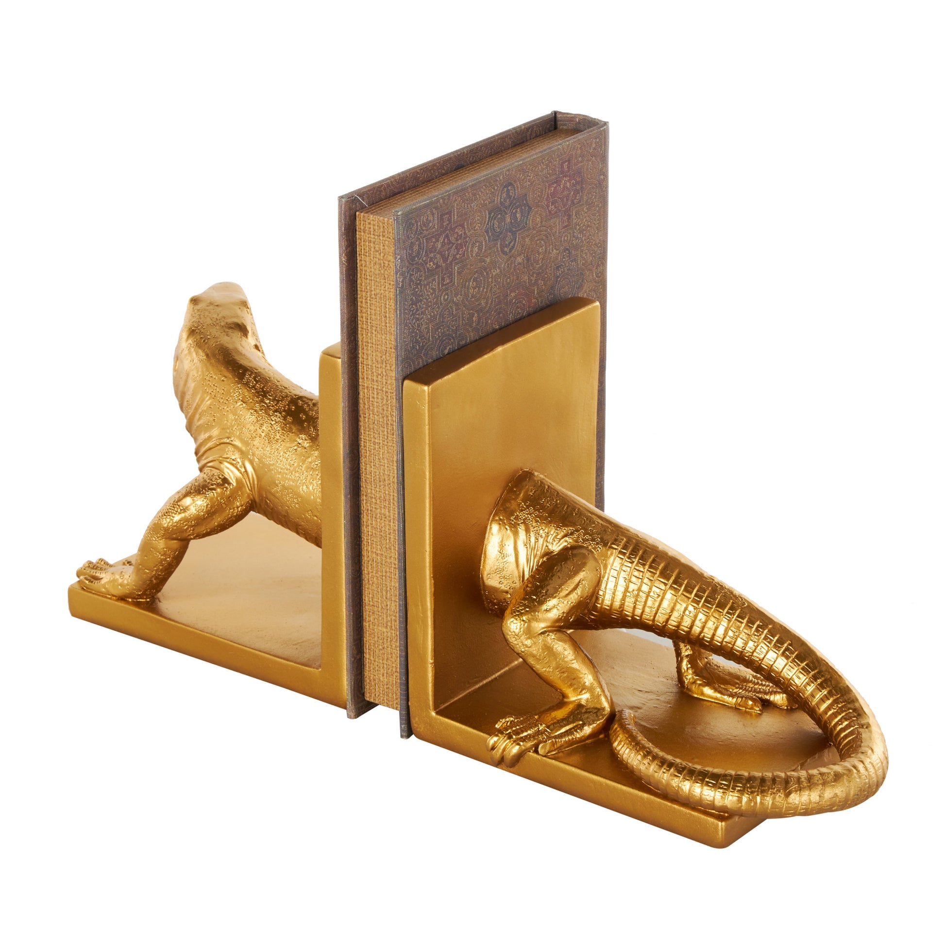 Set of 2 Lizard Gold Resin Crawling Decorative Bookends