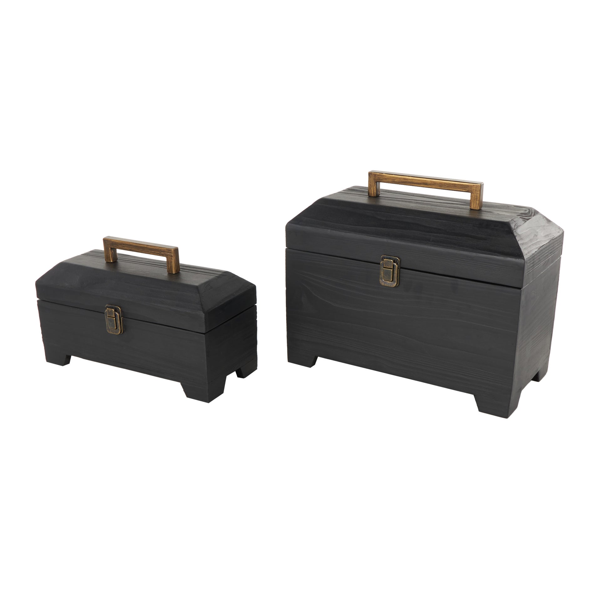 Set of 2 Black Wood Handmade Decorative Box with Brass Latches and Handle