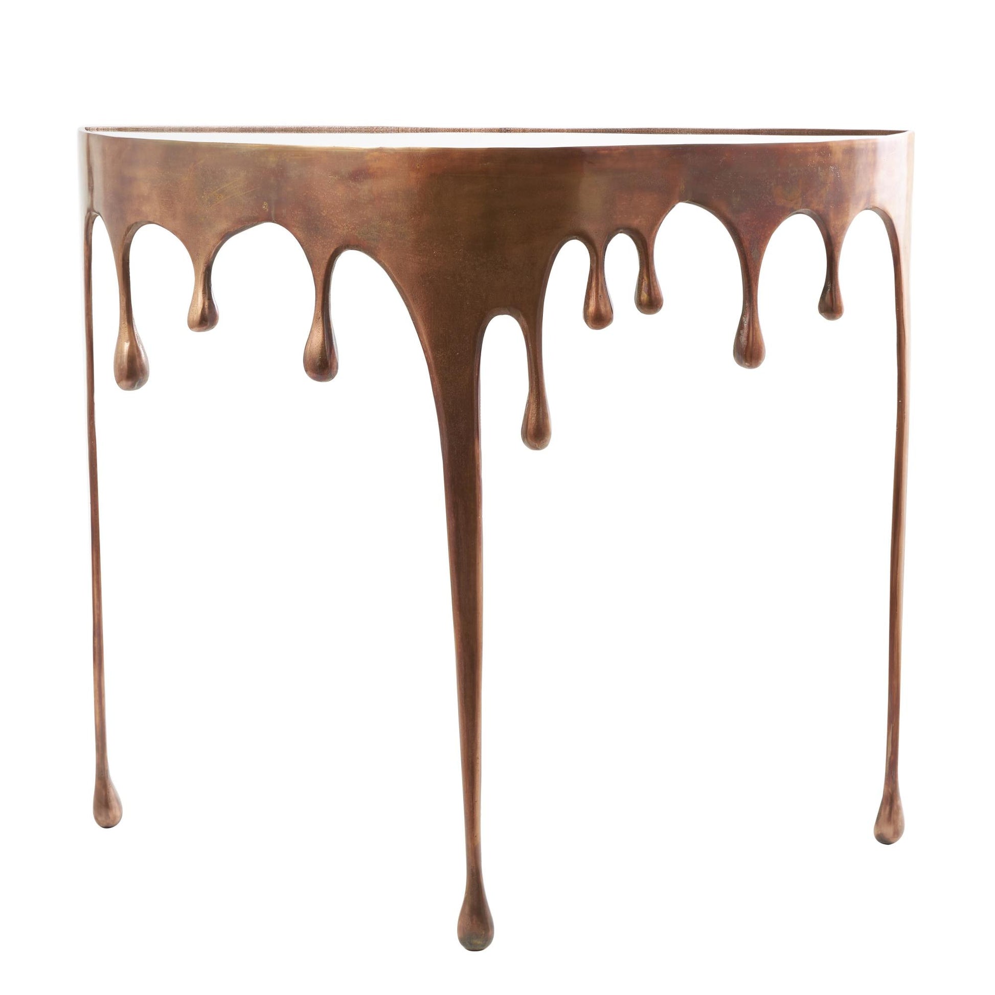 Abstract Aluminum Metal Crescent Drip Living Room Console Table with Melting Design Legs and Glass Top