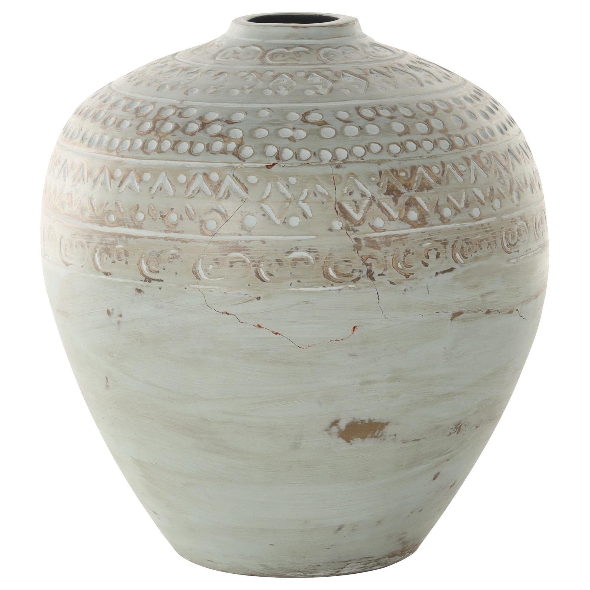Green Ceramic Handmade Antique Style Wide Rounded Decorative Vase with Geometric Tribal Carvings