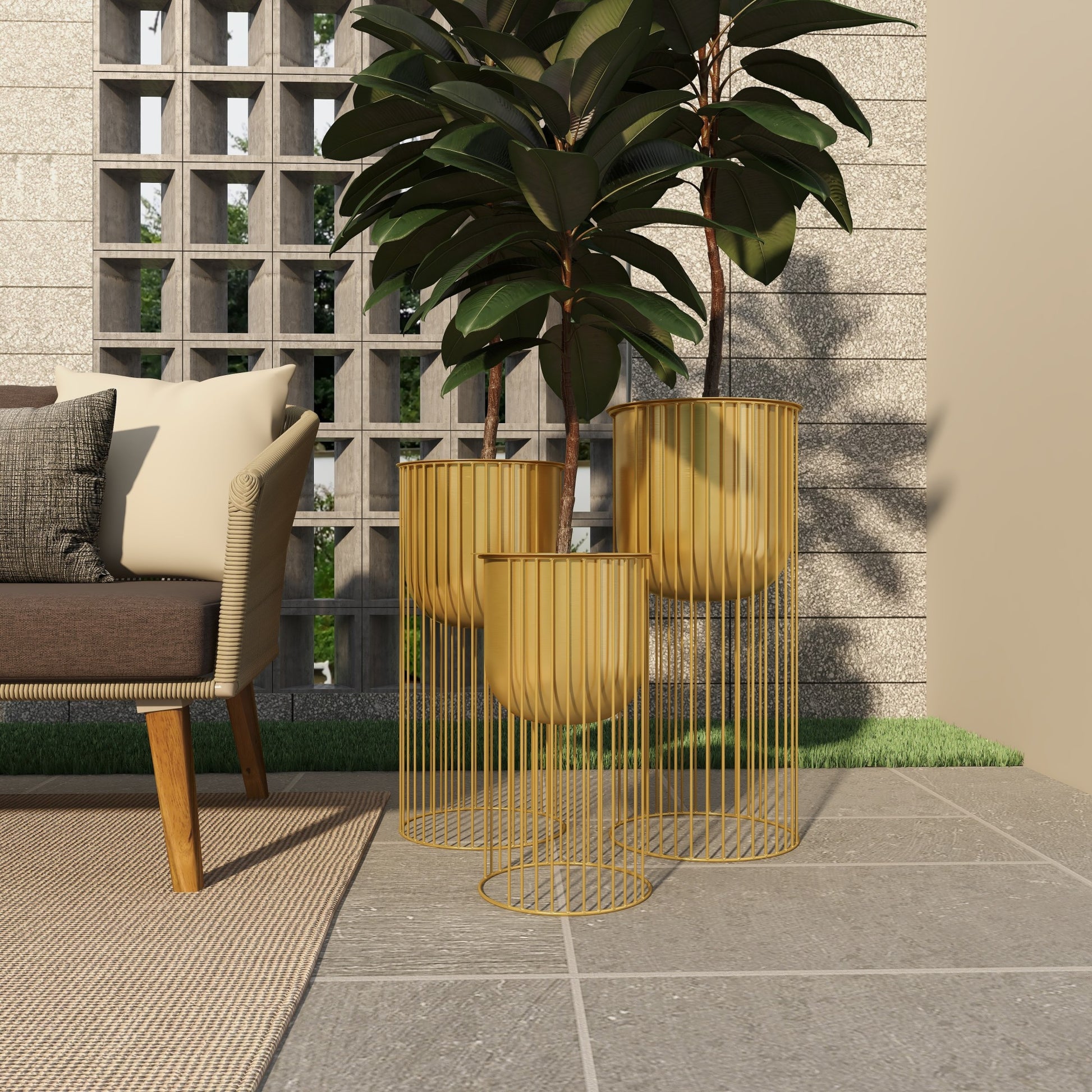 Set of 3 Gold Metal Deep Recessed Dome Indoor Outdoor Planter with Elevated Caged Stand
