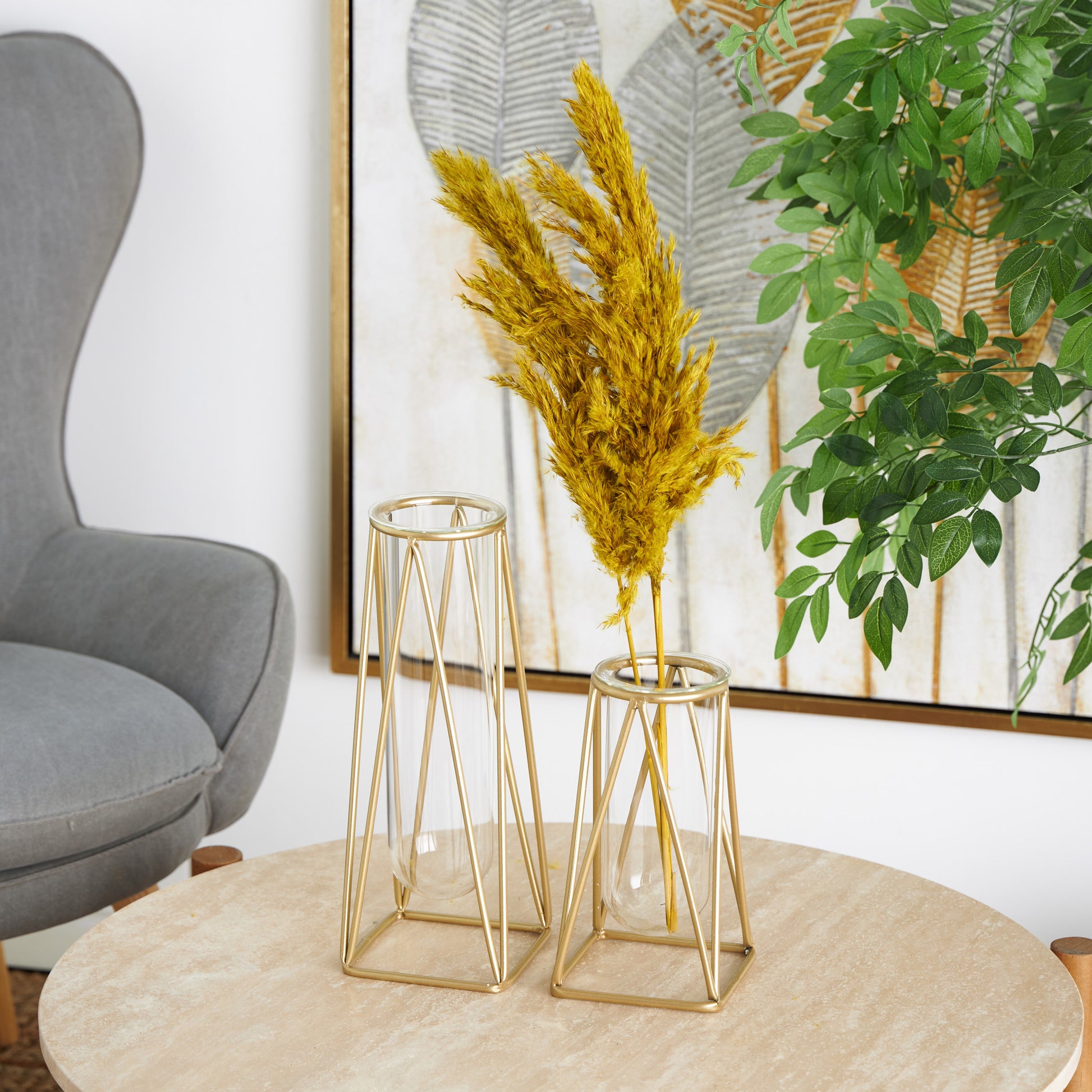 Set of 2 Geometric Glass Tube Decorative Vase with Metal Stand