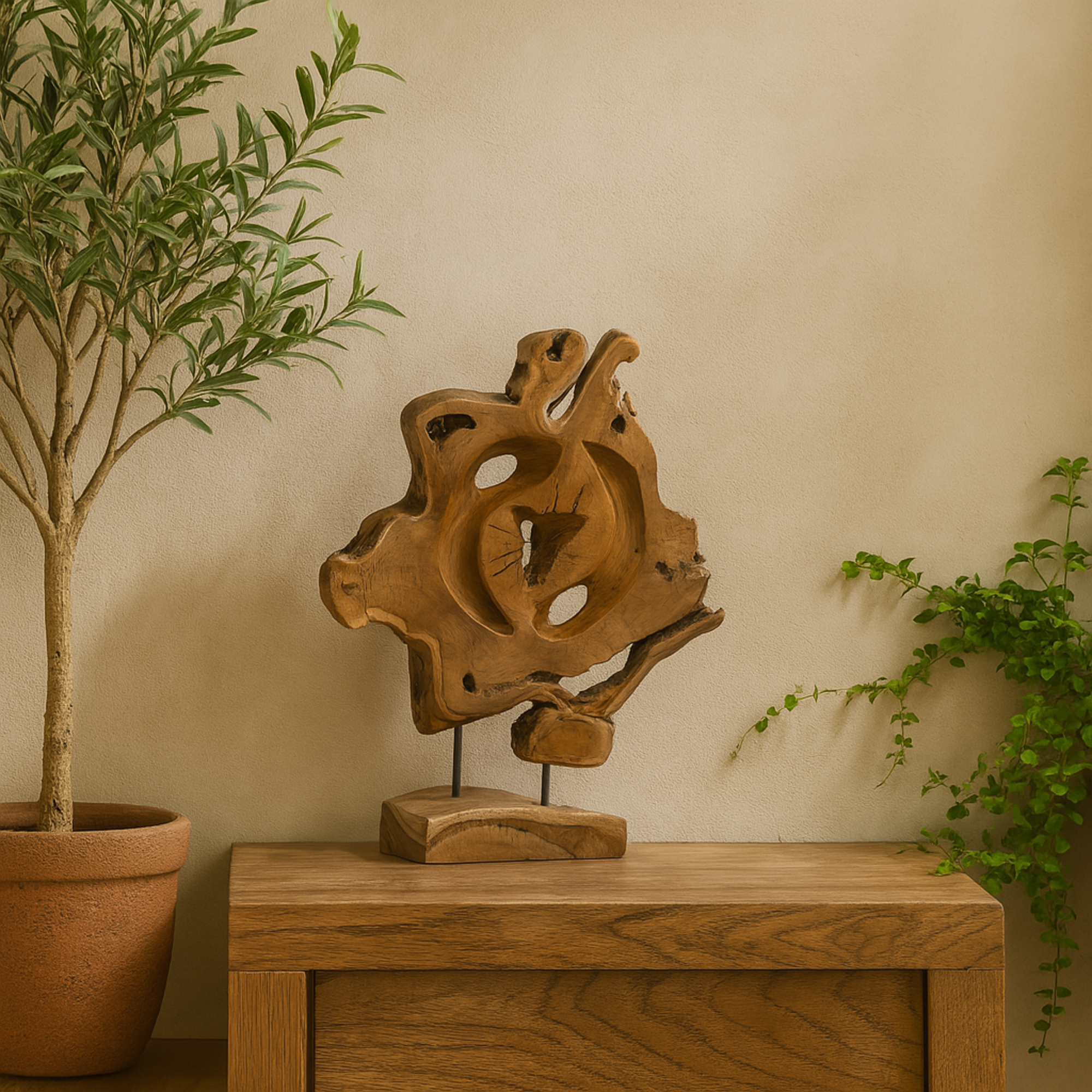 Abstract Brown Teak Wood Handmade Live Edge Decorative Sculpture