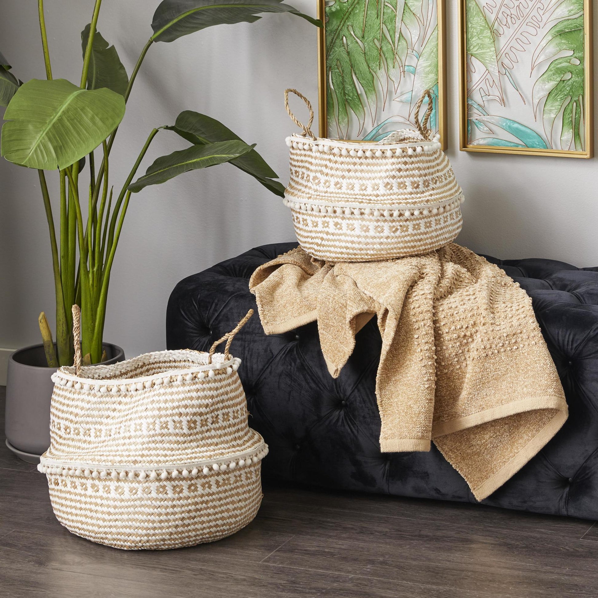 Set of 2 Brown Seagrass Handmade Patterned Decorative and Functional Storage Basket with Handles