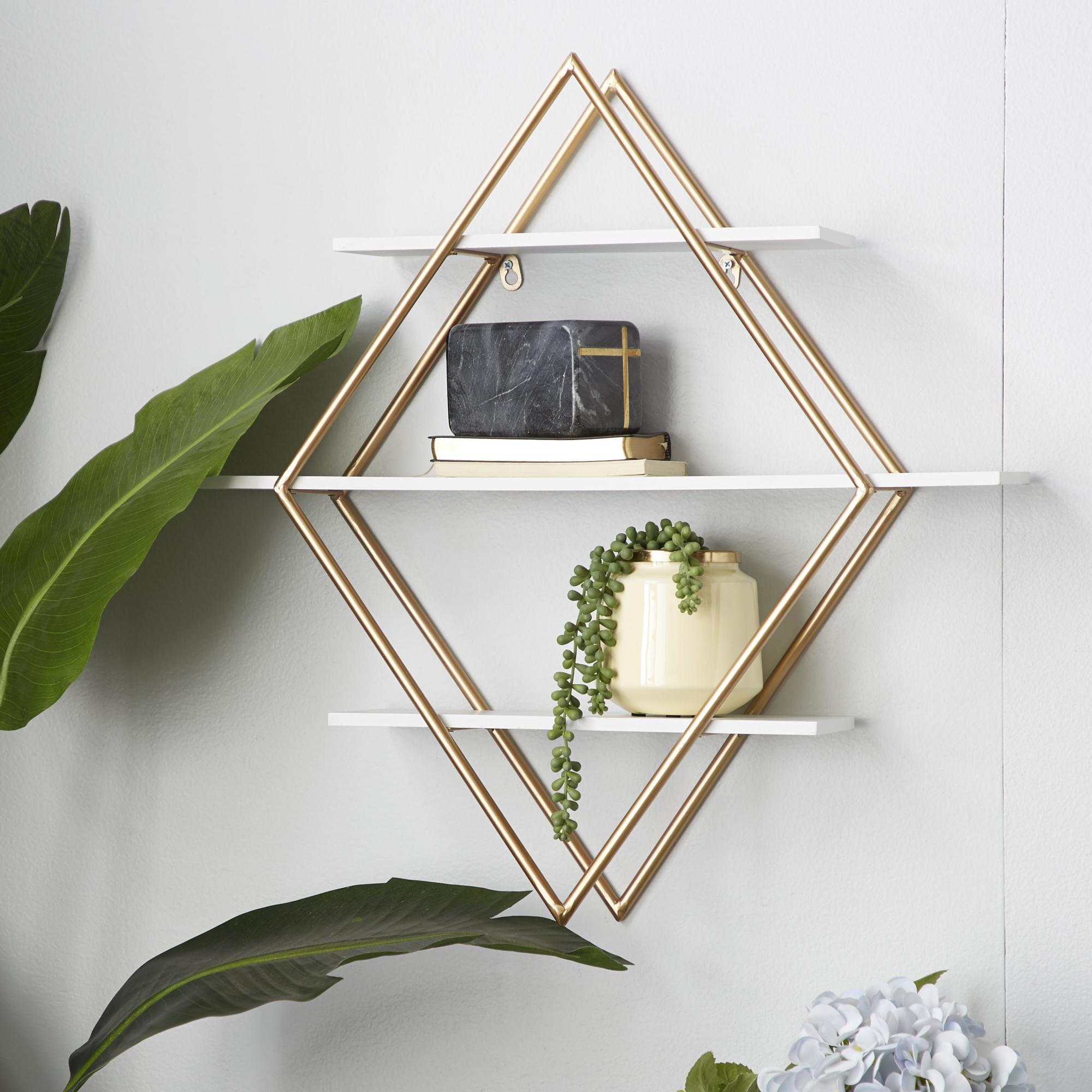 Geometric Gold Wooden 3 Shelves Room Wall Shelf with Diamond Shape