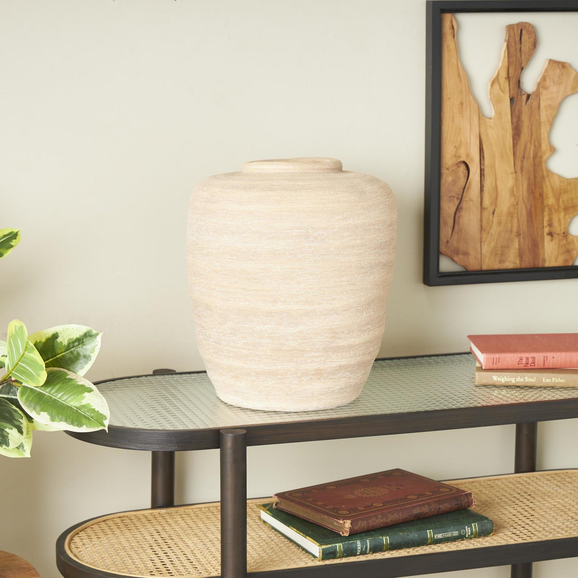 Beige Ceramic Wide Textured Decorative Vase