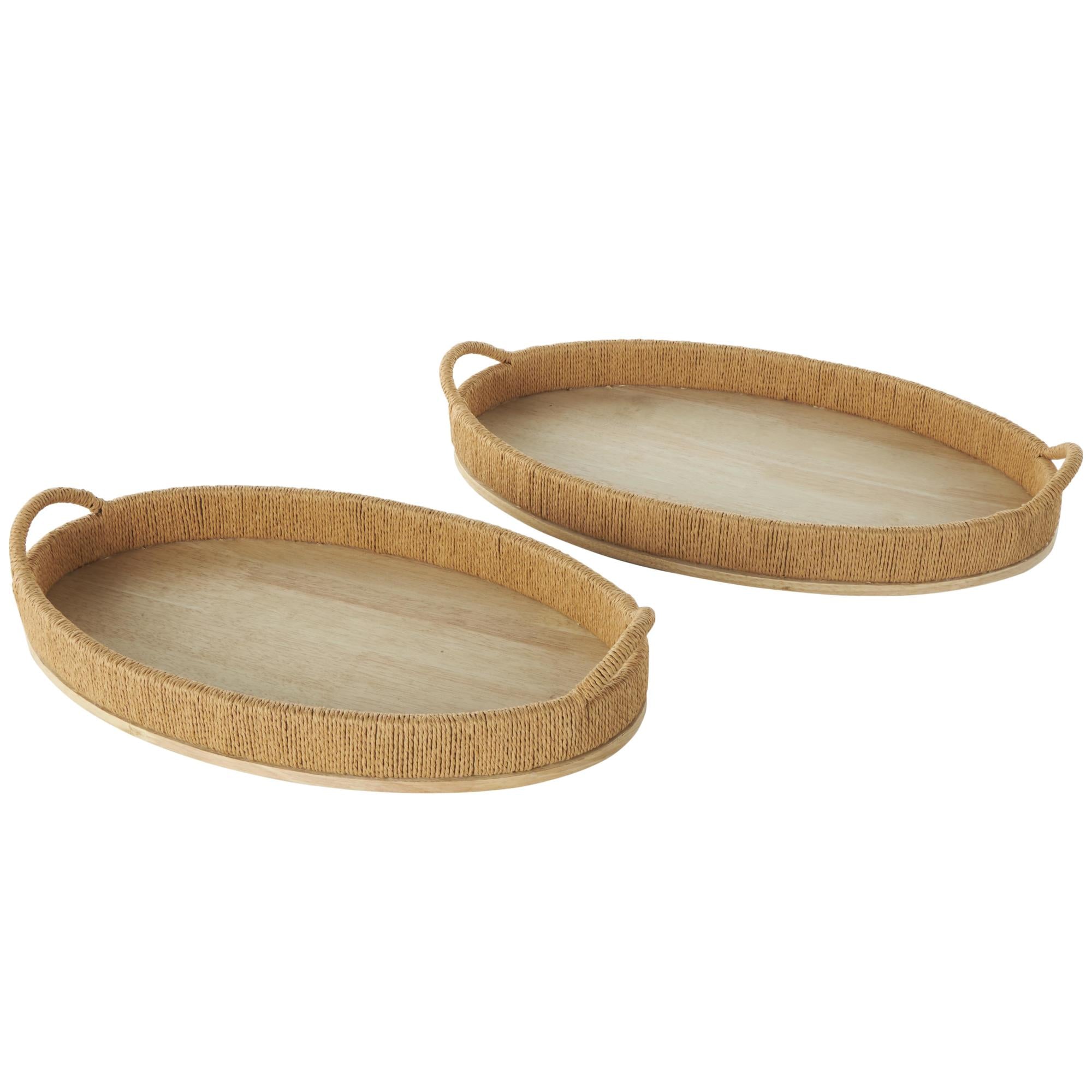Set of 2 Brown Wood Handmade Living Room Decor Tray with Wood Base